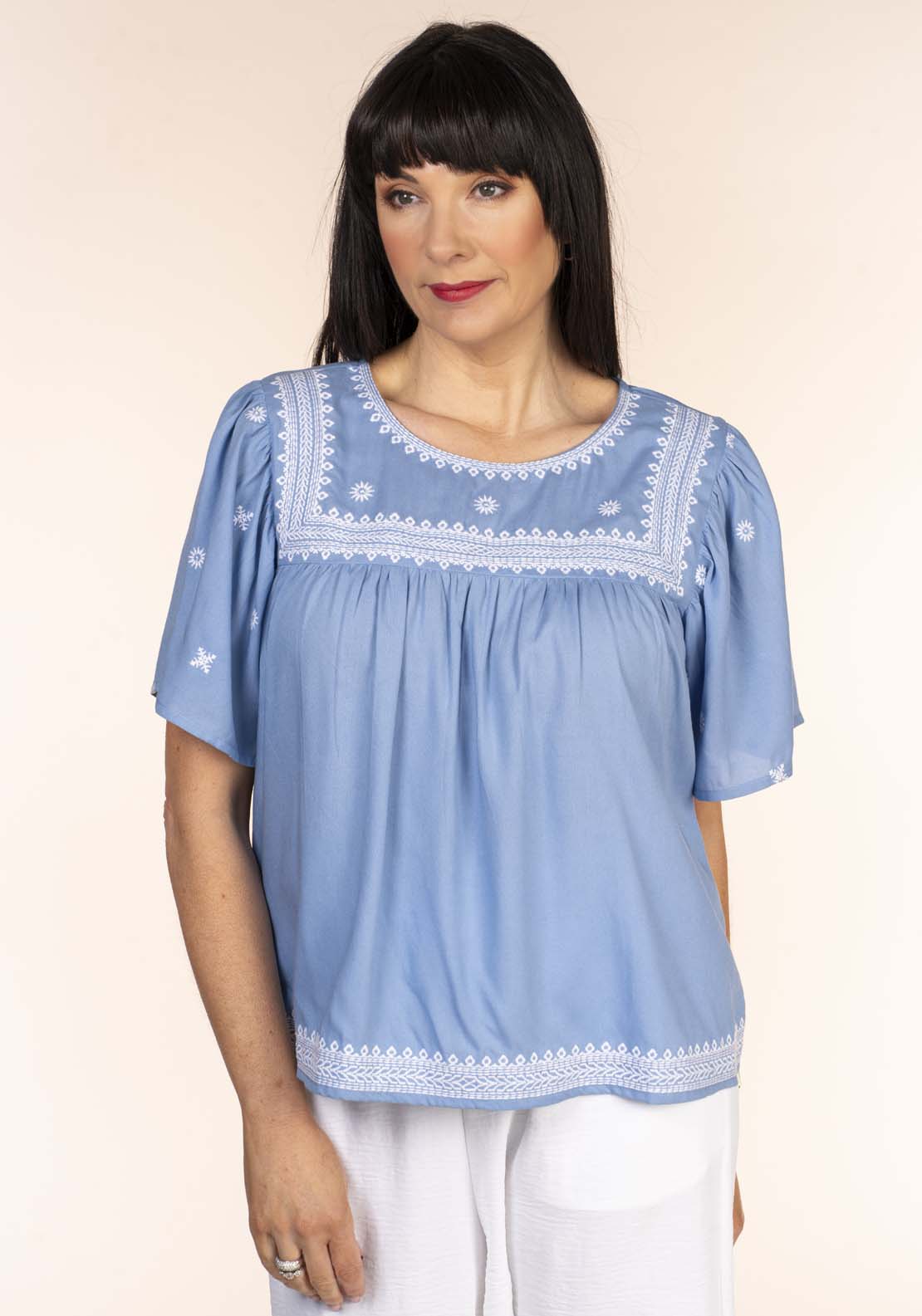 Naoise Embroidred Yoke Blouse - Blue 1 Shaws Department Stores