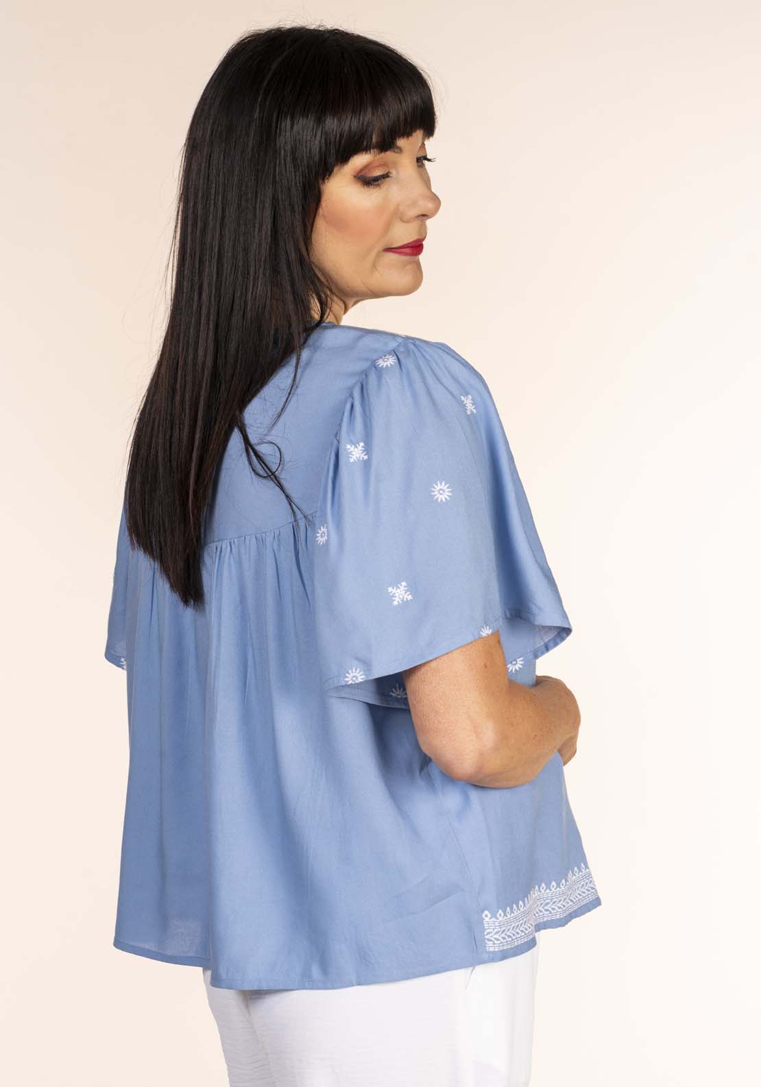 Naoise Embroidred Yoke Blouse - Blue 3 Shaws Department Stores