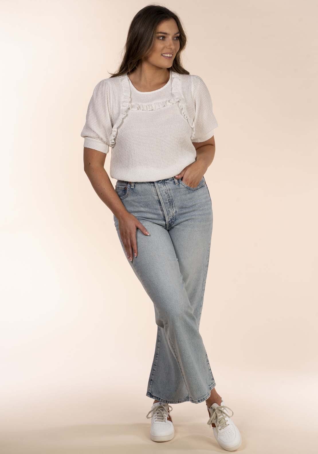 Naoise Textured Blouse With Frills - White 5 Shaws Department Stores