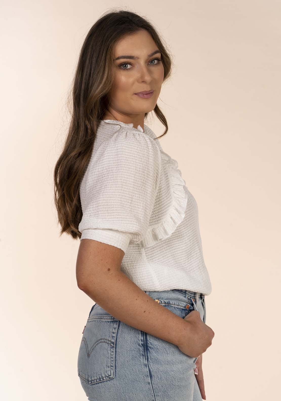 Naoise Textured Blouse With Frills - White 2 Shaws Department Stores