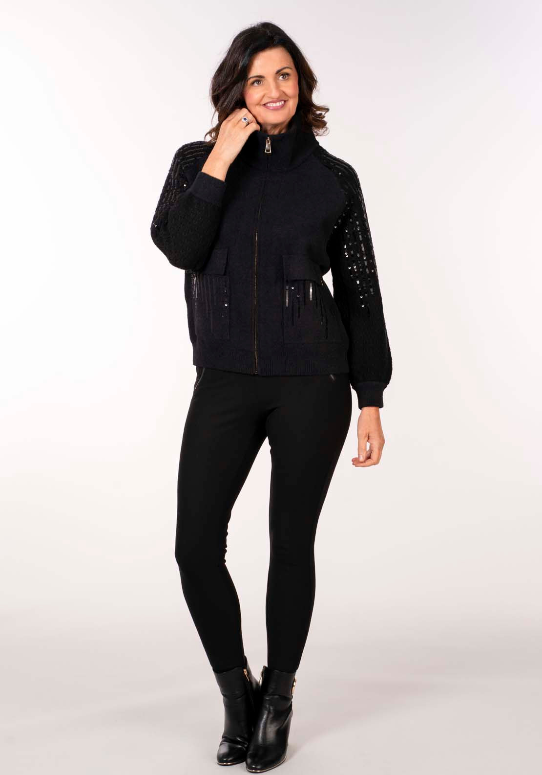 Naoise Zip Front Sequin Cardi - Black 7 Shaws Department Stores