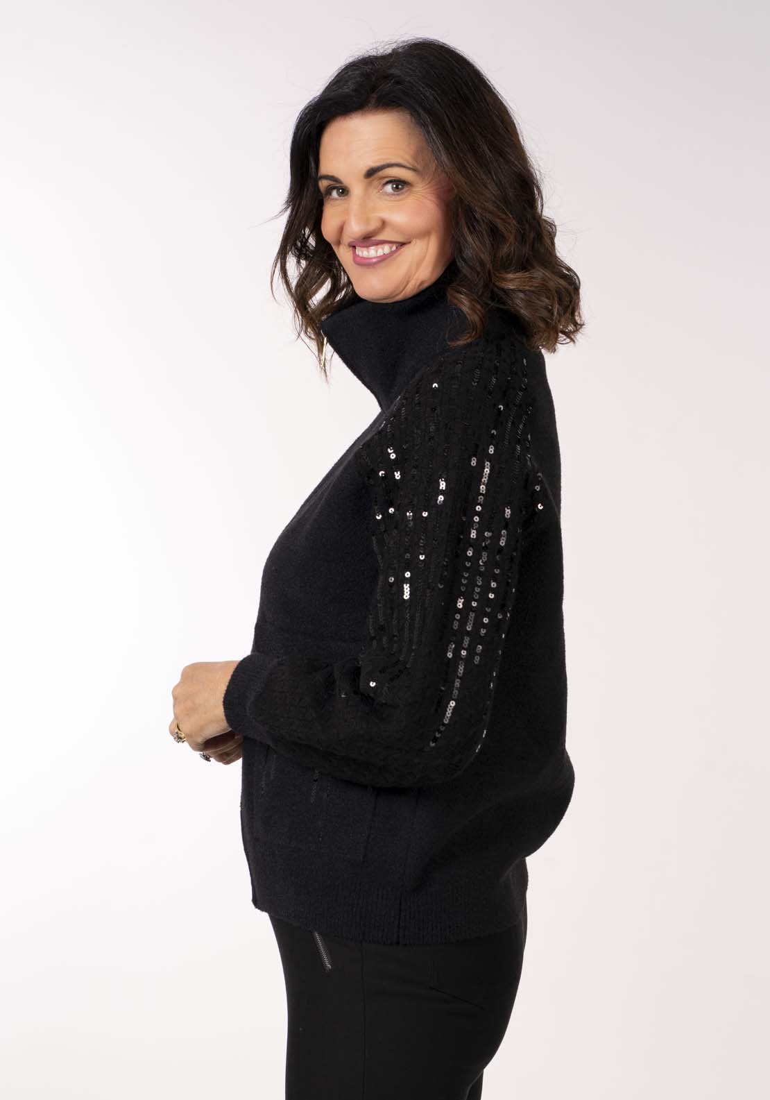 Naoise Zip Front Sequin Cardi - Black 2 Shaws Department Stores