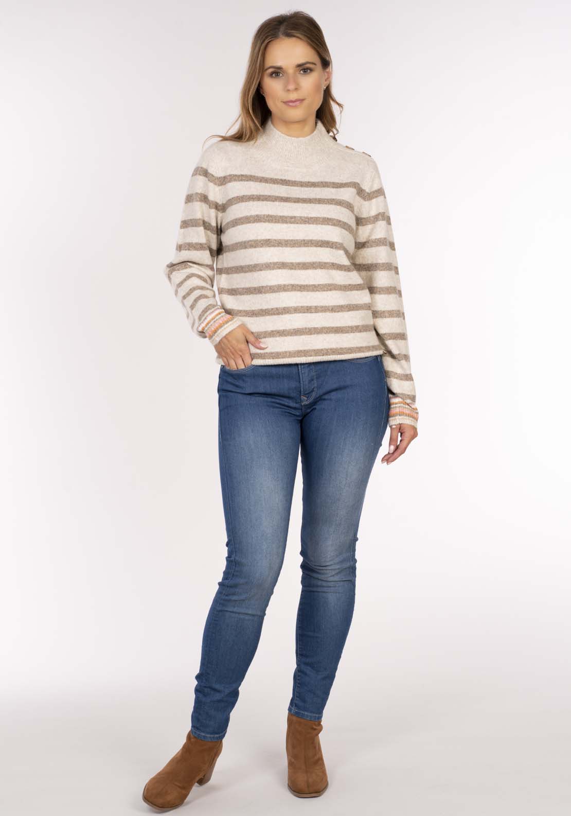 Naoise Stripe Button Shoulder Sweater - Cranberry Taupe Choc 7 Shaws Department Stores