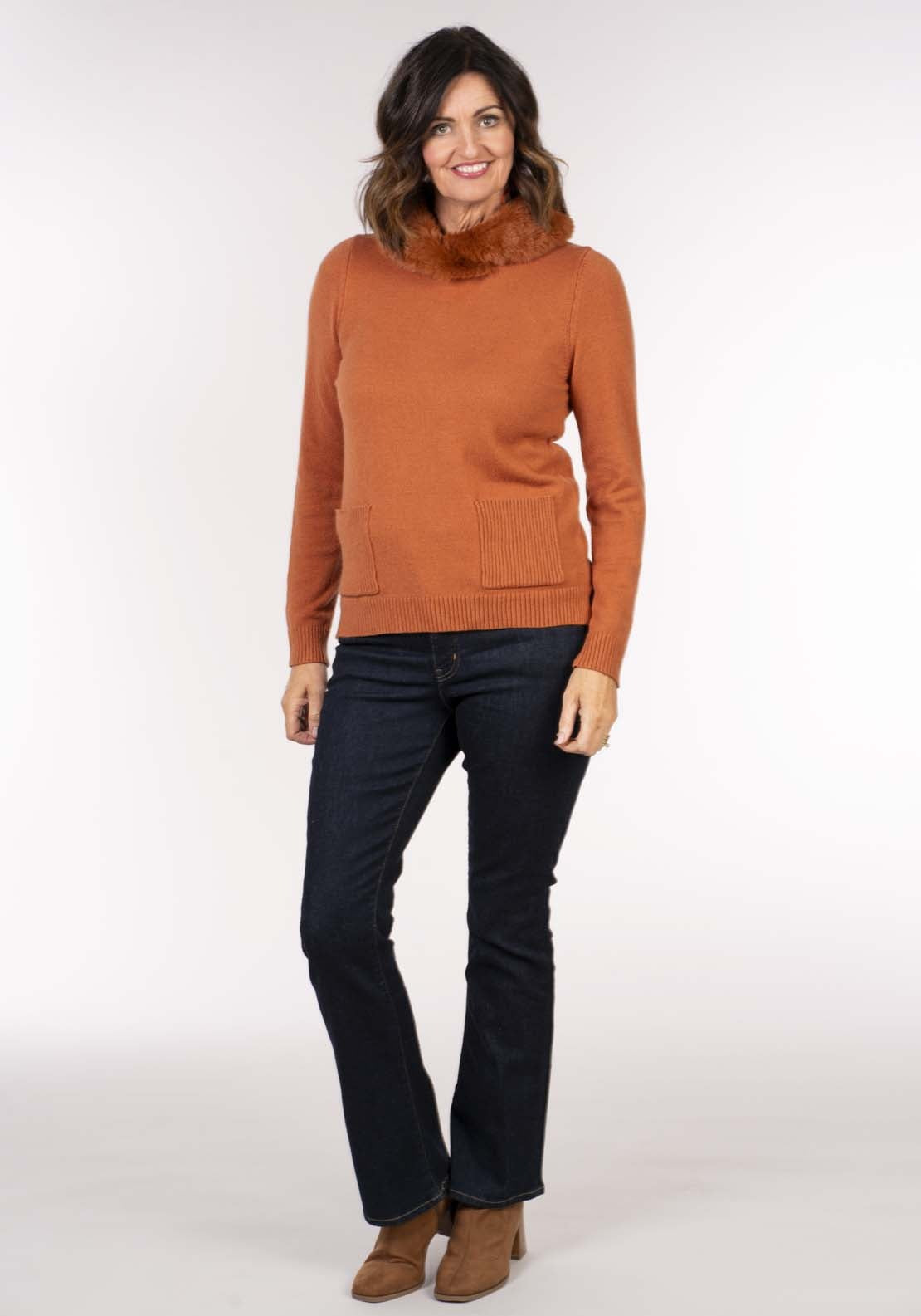 Naoise Fur Collar Sweater - Orange 7 Shaws Department Stores