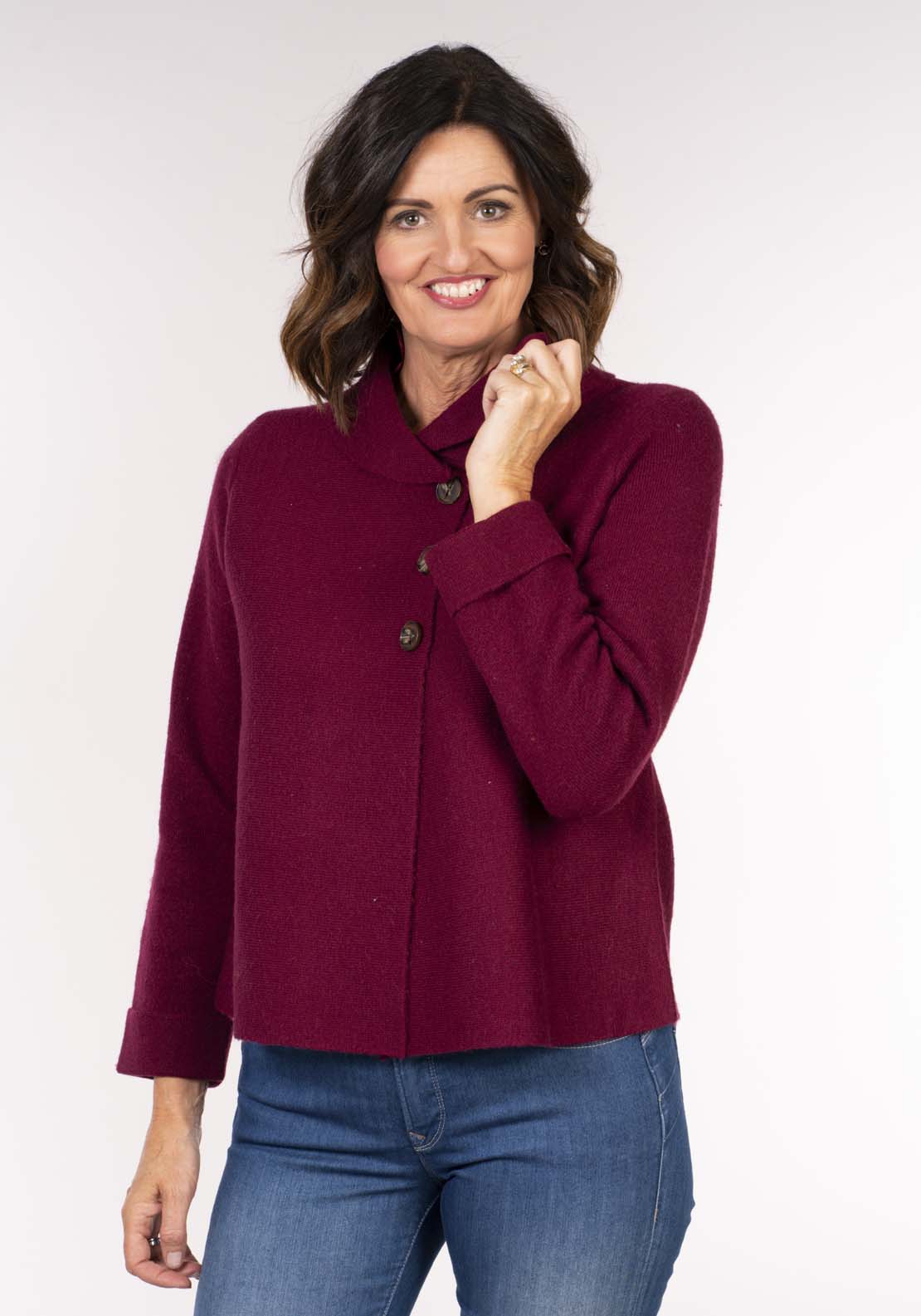 Tea Lane Roll Neck Horizontal Jacket - Cranberry 3 Shaws Department Stores