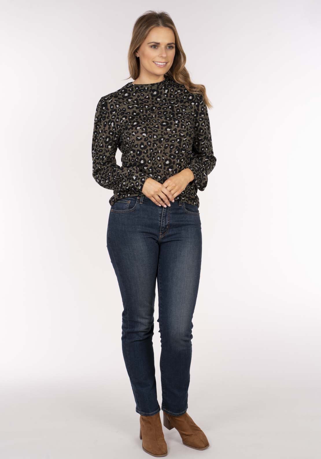 Naoise Warm Knit Top - Olive Leopard 6 Shaws Department Stores