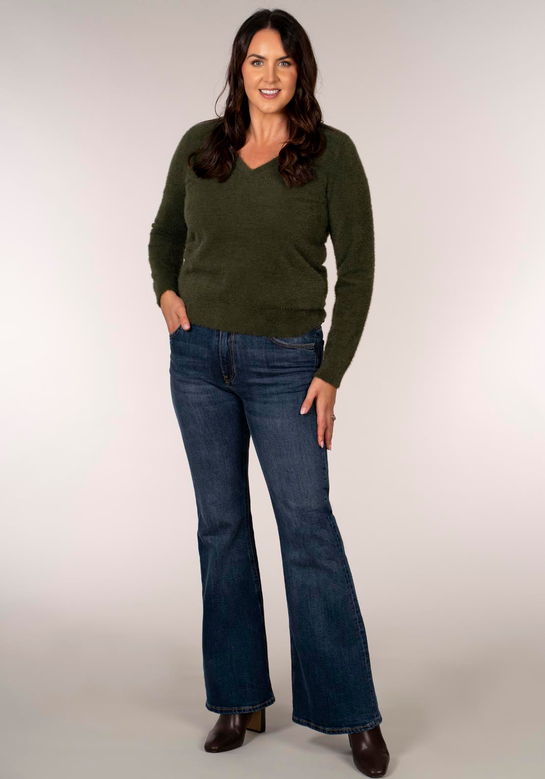 Tea Lane Fluffy V-Neck Jumper - Green 4 Shaws Department Stores