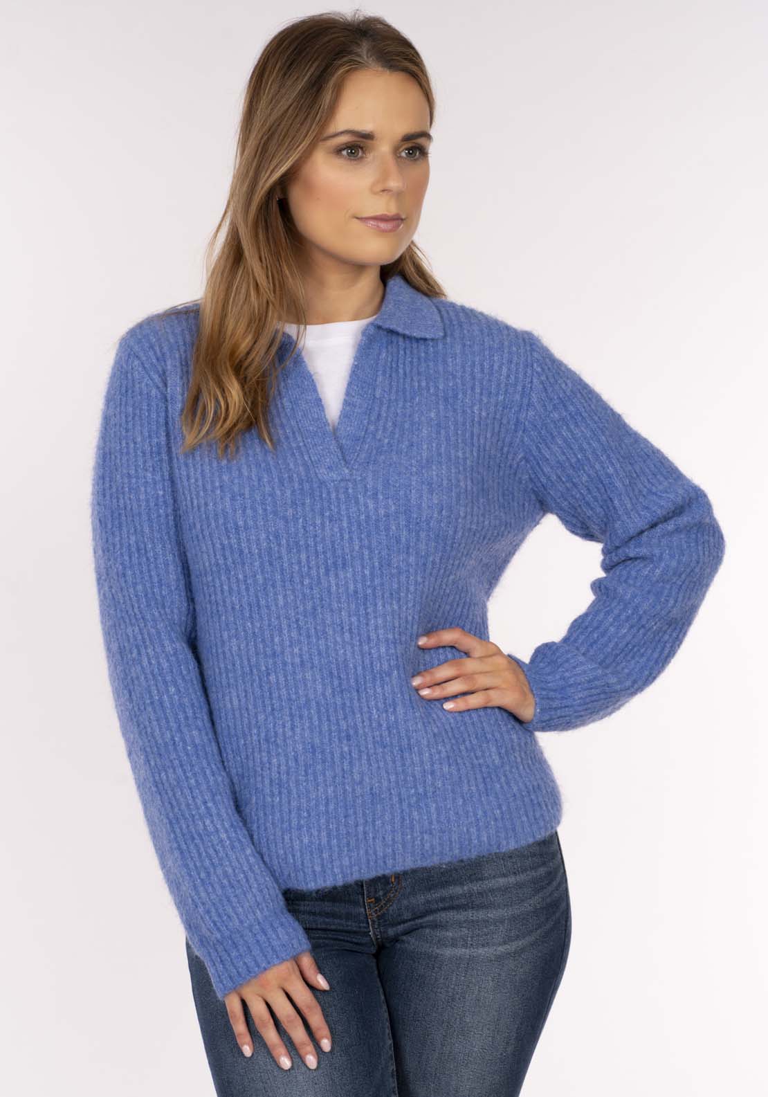 Naoise Johnny Collar Sweater - Blue 1 Shaws Department Stores