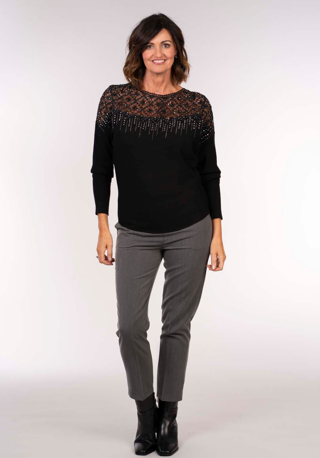 Tea Lane Beaded Yoke Sweater - Black 6 Shaws Department Stores