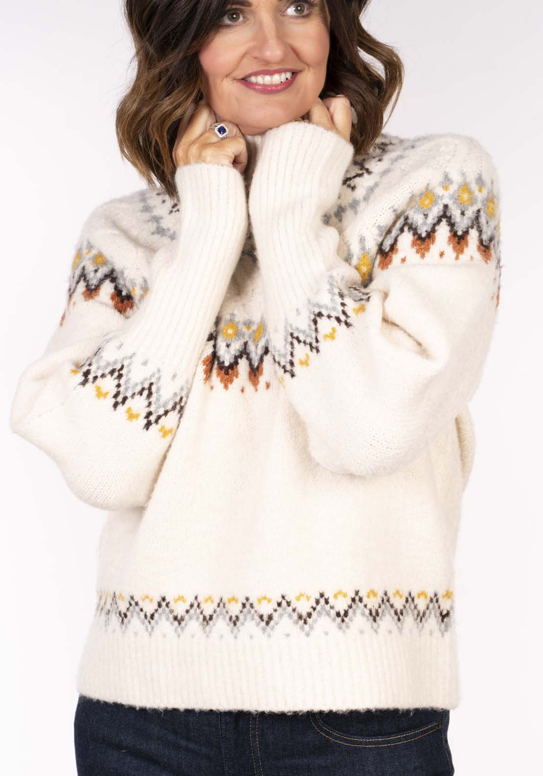 Tea Lane Pattern Fairise Sweater - Taupe 5 Shaws Department Stores