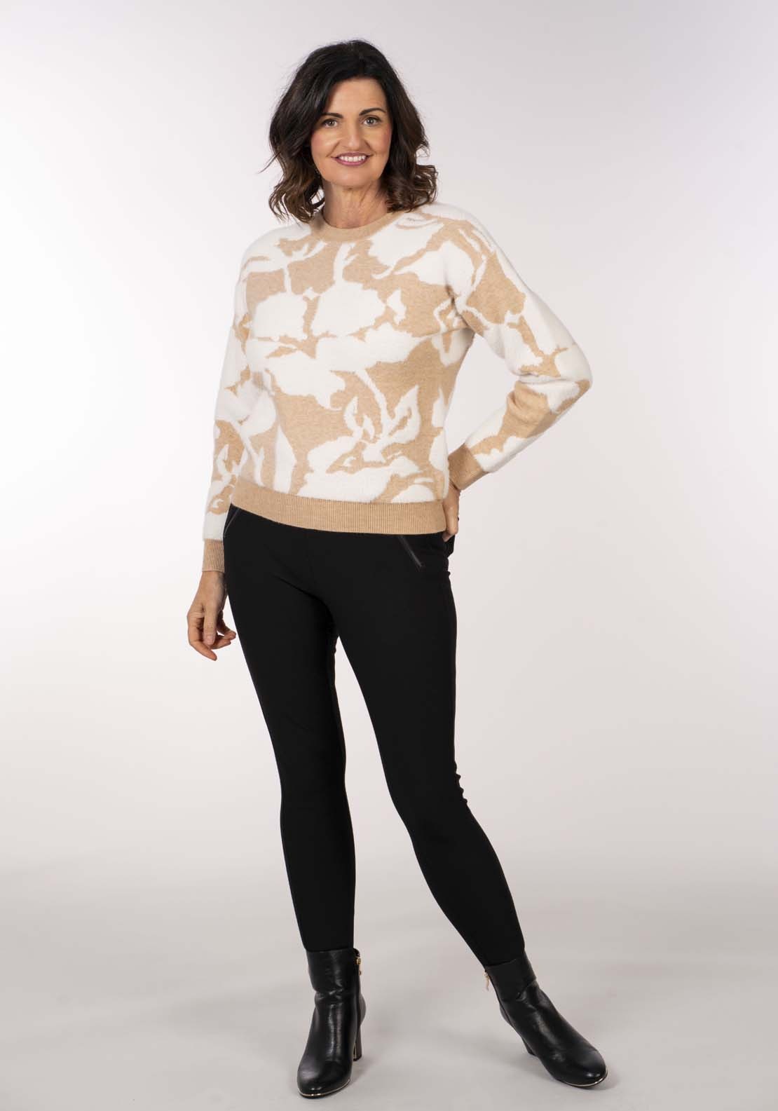 Naoise Jaquard Pattern Sweater - Taupe Ivory 5 Shaws Department Stores