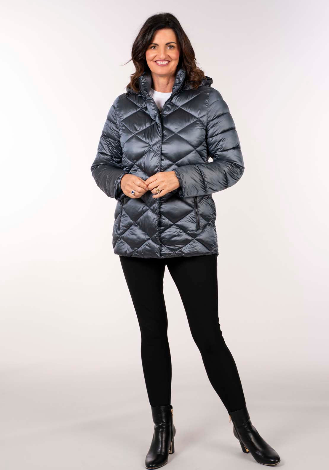 Tea Lane Diamond 3/4 Quilt Jacket - Shiny Petrol 5 Shaws Department Stores