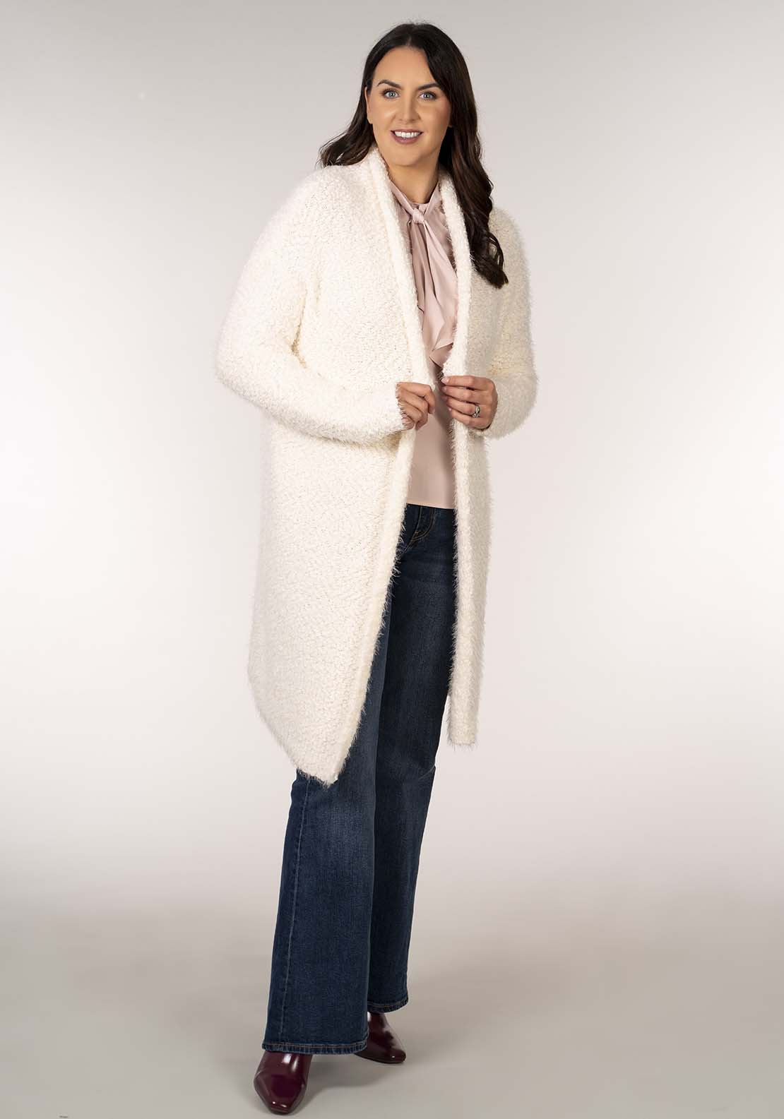 Tea Lane Popcorn Longline Cardigan - White 5 Shaws Department Stores