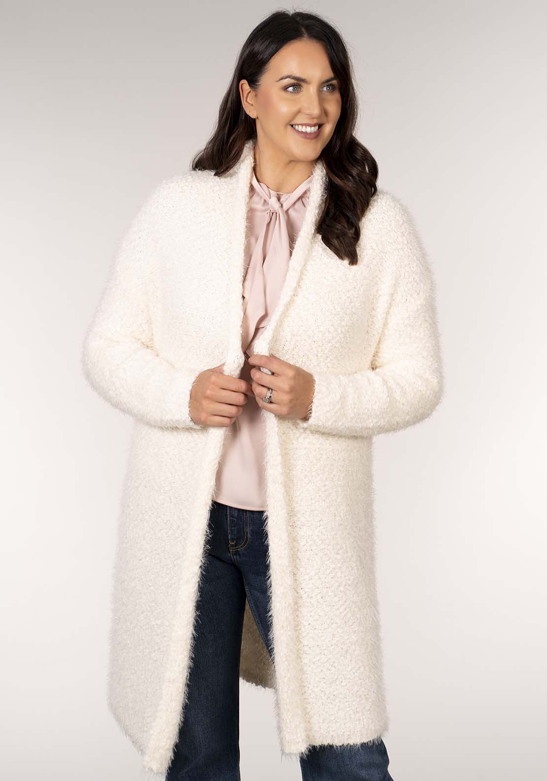 Tea Lane Popcorn Longline Cardigan - White 1 Shaws Department Stores