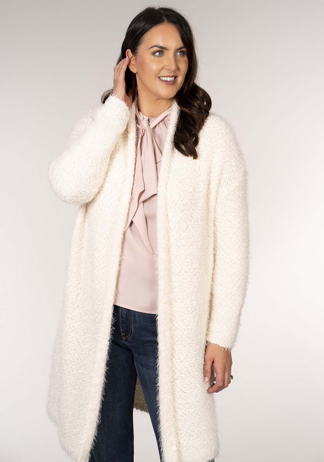 Tea Lane Popcorn Longline Cardigan - White 3 Shaws Department Stores