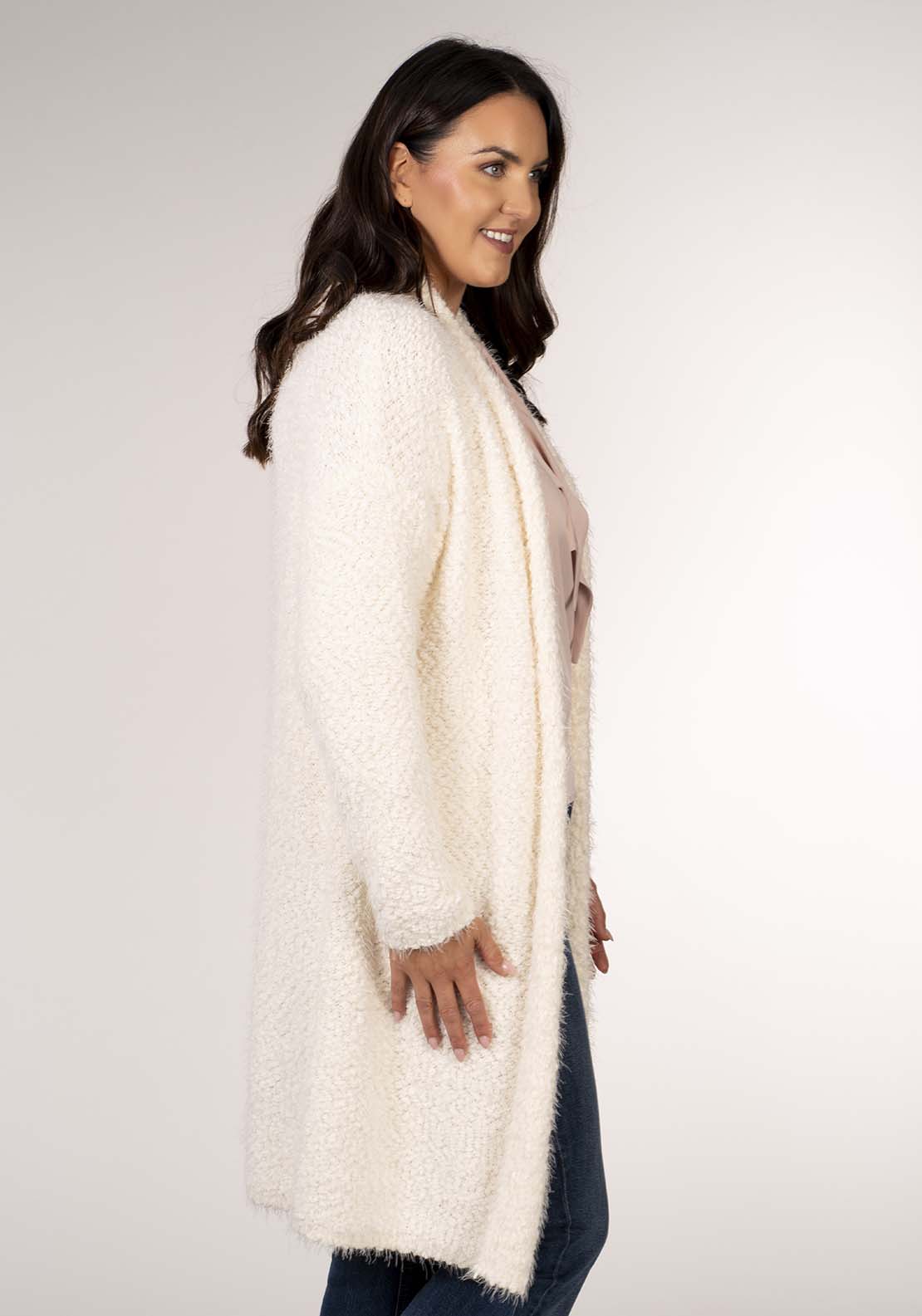 Tea Lane Popcorn Longline Cardigan - White 2 Shaws Department Stores