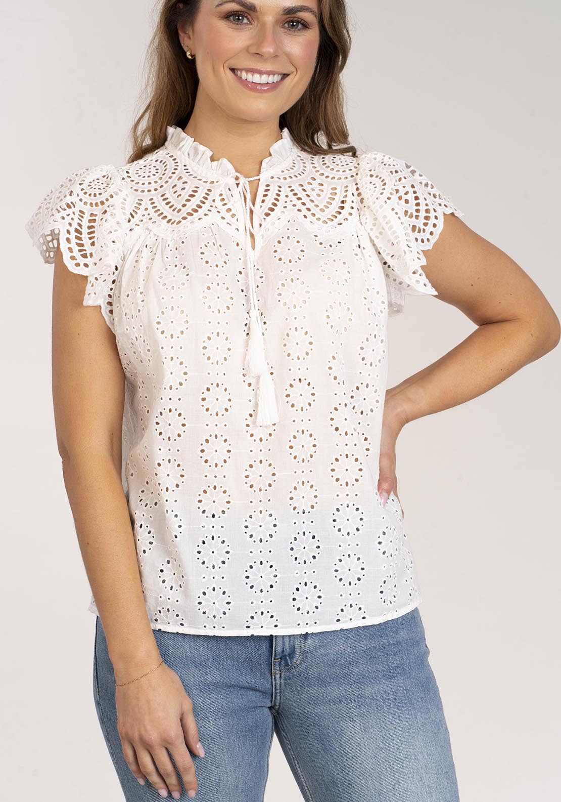 Naoise Embroidered Anglaise Top - White 3 Shaws Department Stores