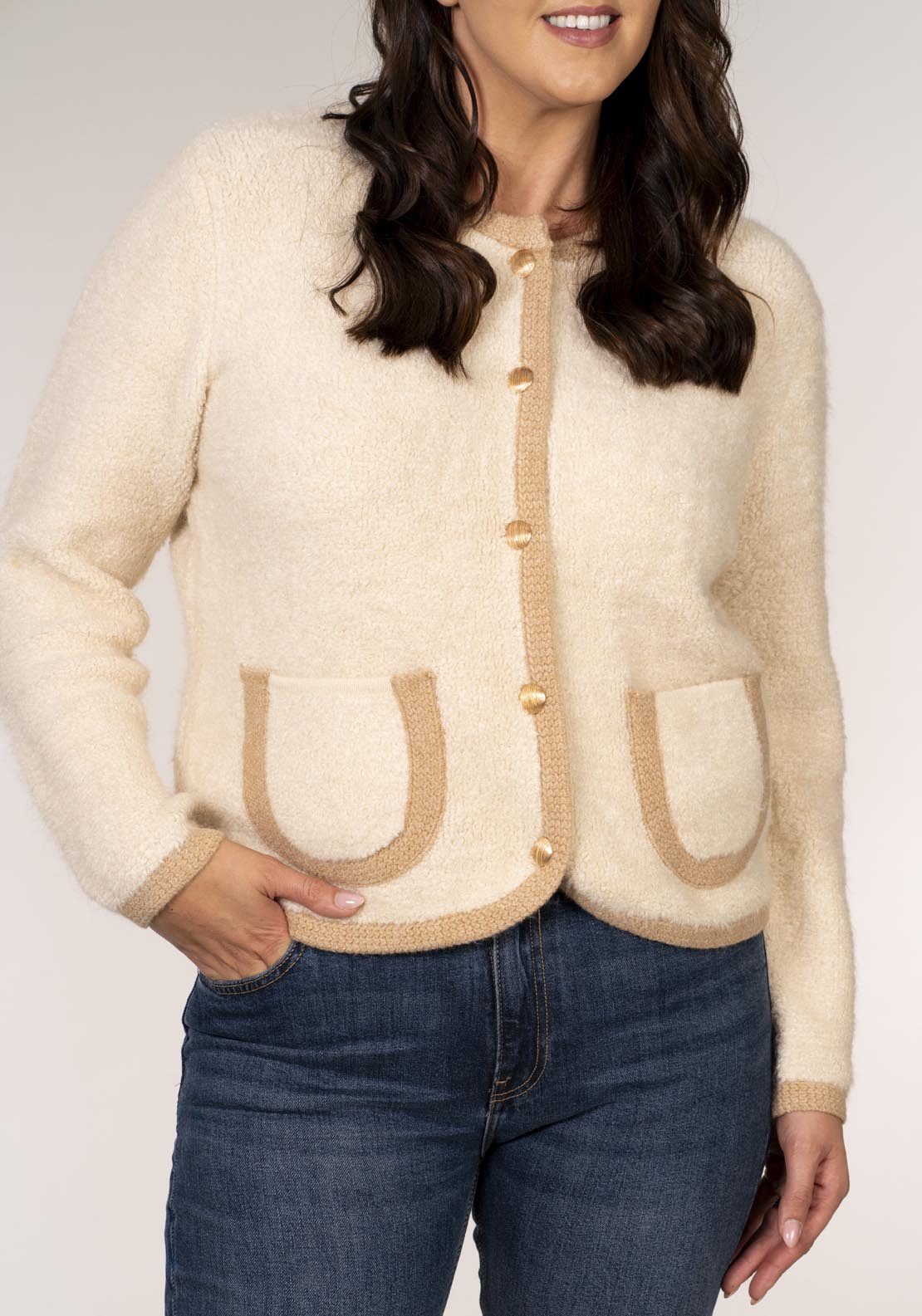 Tea Lane Boucle Gold Button Cardigan - White 4 Shaws Department Stores