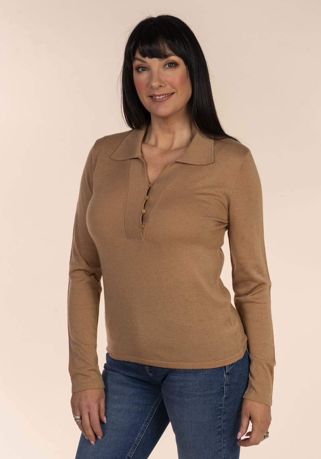 Tea Lane Collar Fine Knit Jumper - Toffee 3 Shaws Department Stores