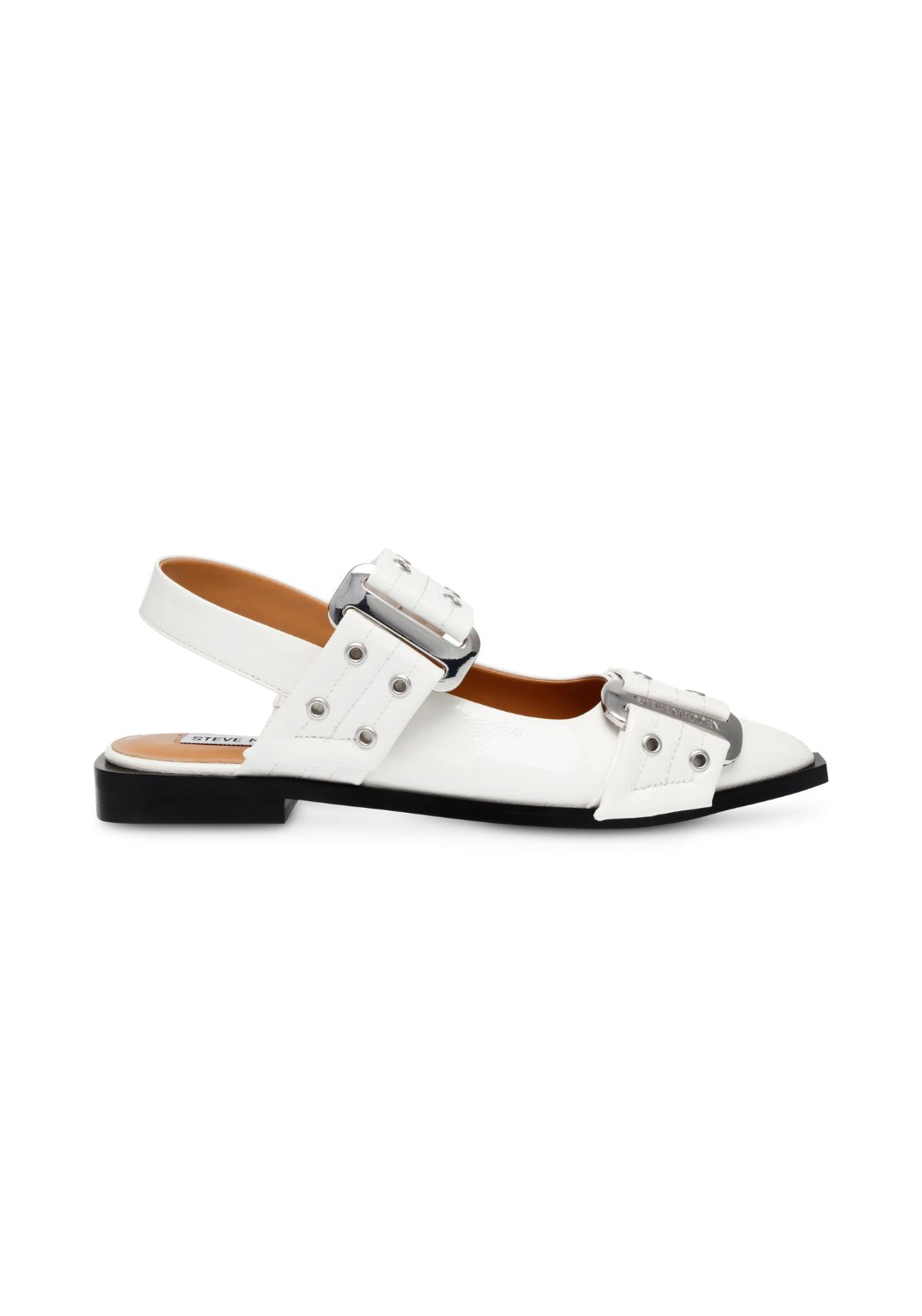 Steve Madden Buckle Stud Flat Shoe - White 1 Shaws Department Stores
