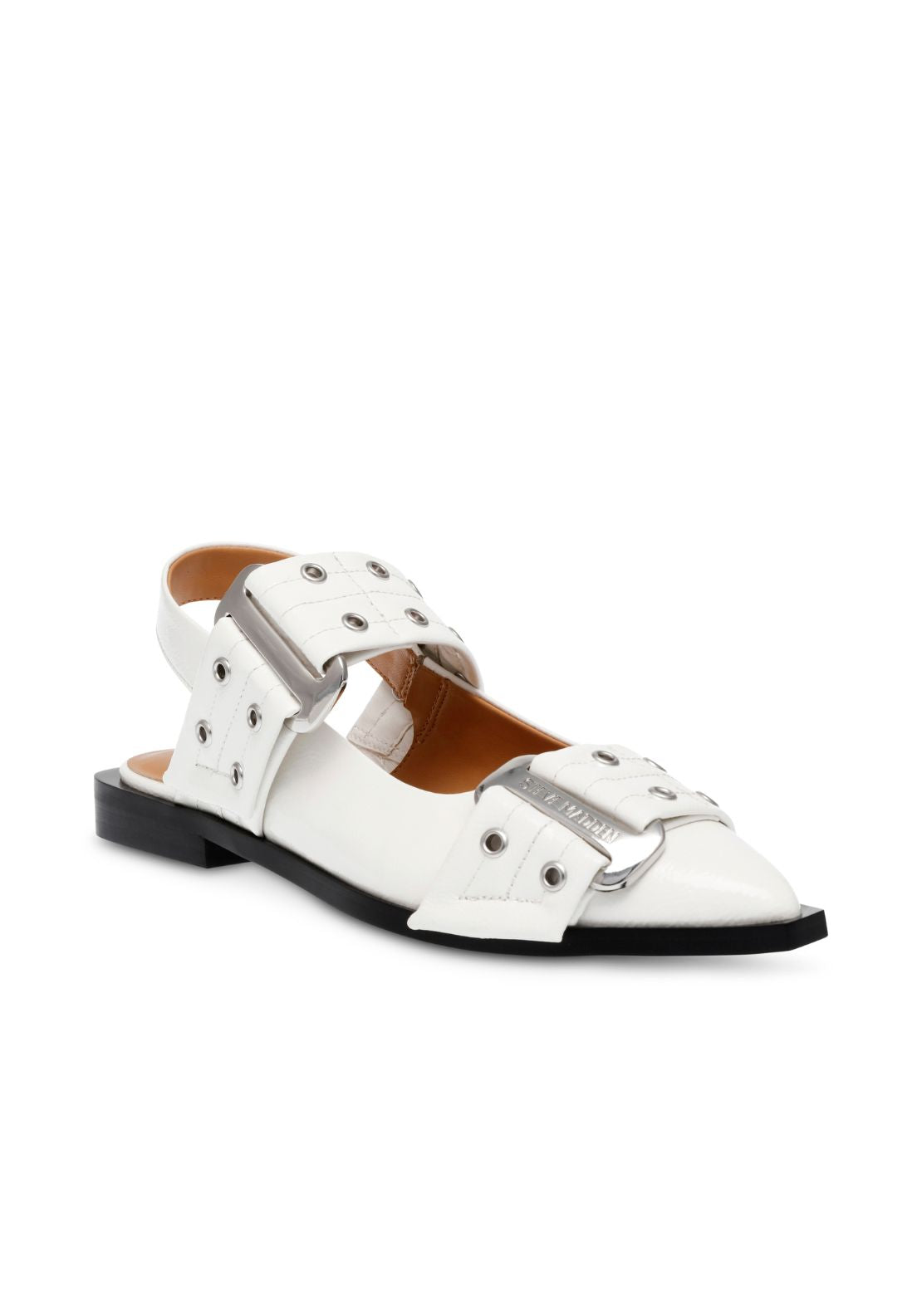 Steve Madden Buckle Stud Flat Shoe - White 2 Shaws Department Stores