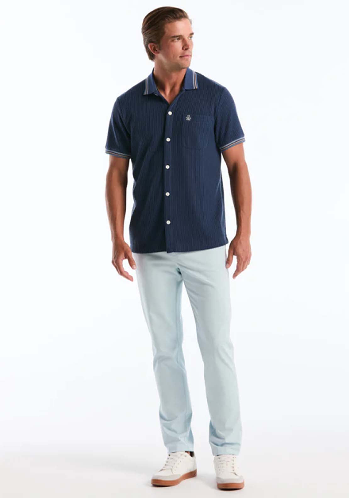 Penguin Vertical Jacquard Button Front Polo Shirt - 485 Sargasso Sea 5 Shaws Department Stores