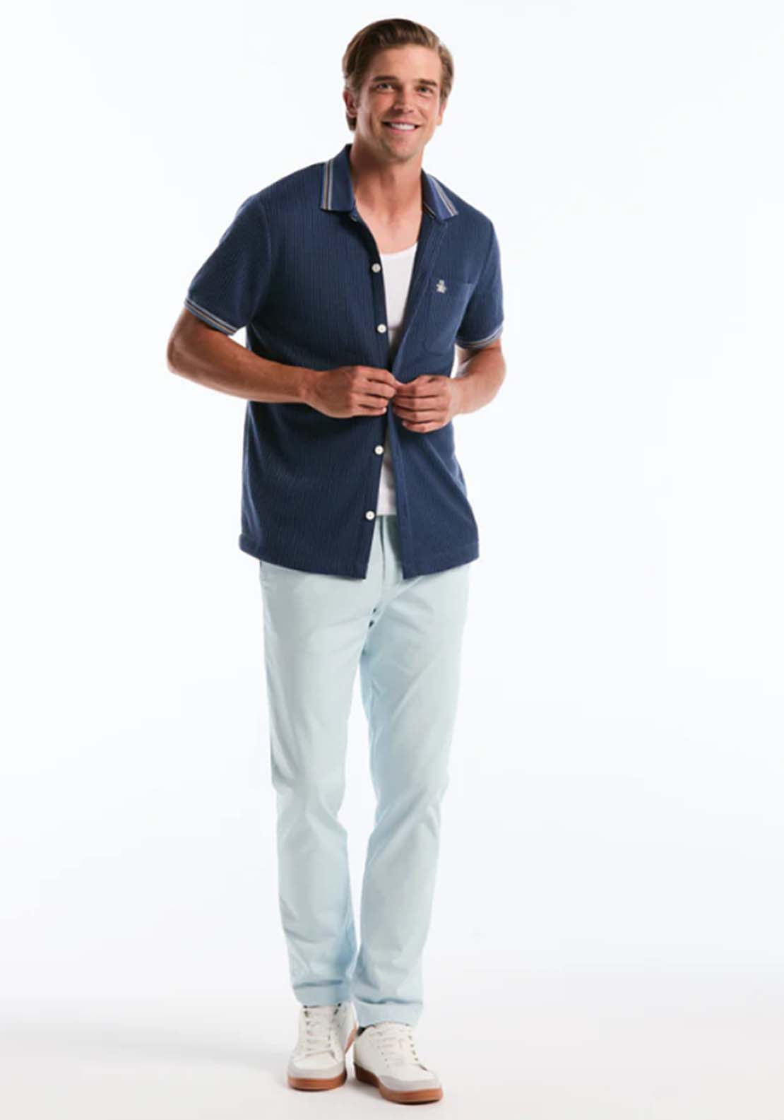 Penguin Vertical Jacquard Button Front Polo Shirt - 485 Sargasso Sea 4 Shaws Department Stores