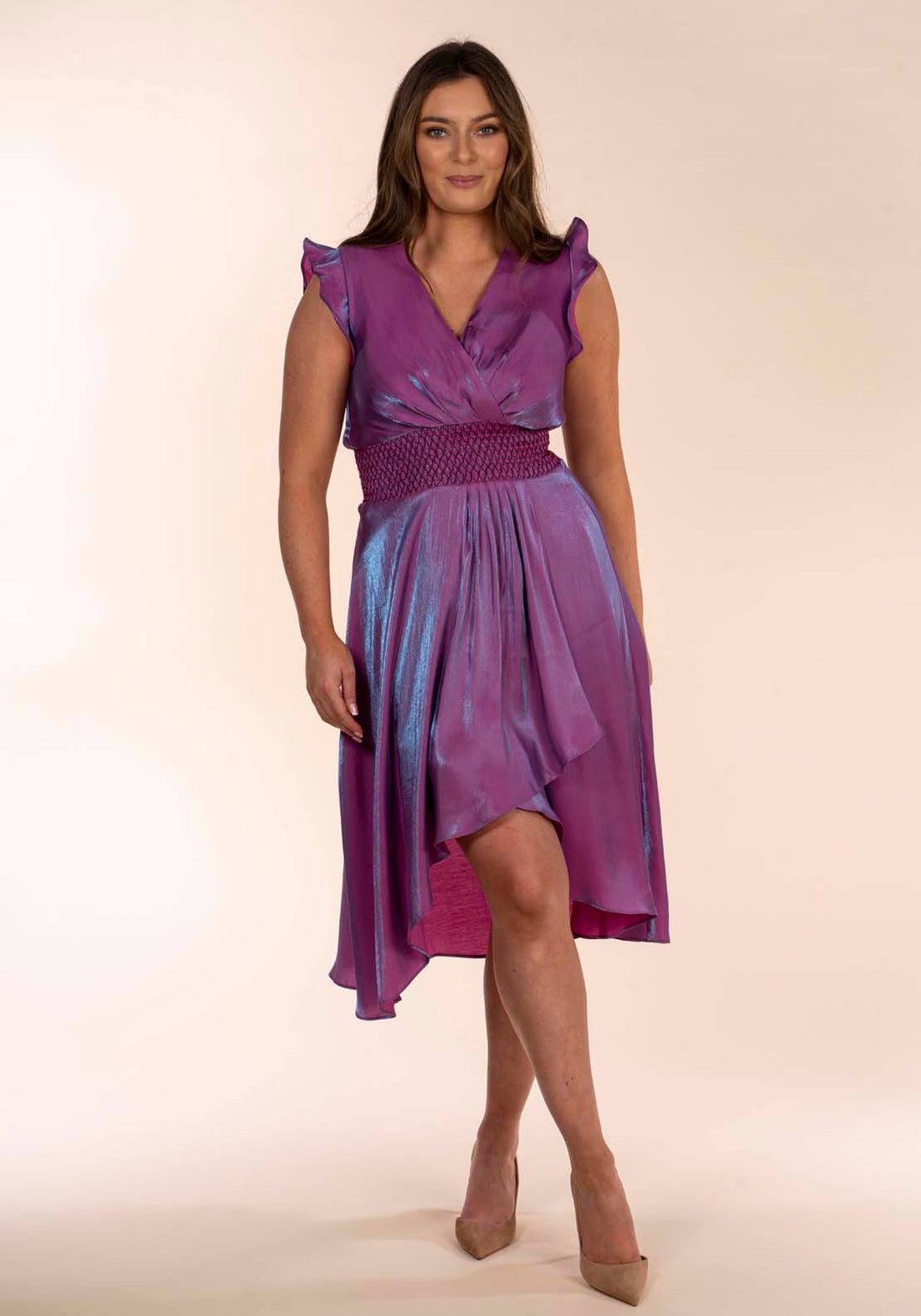 Naoise Wrap Shimmer Dress - Lilac 1 Shaws Department Stores