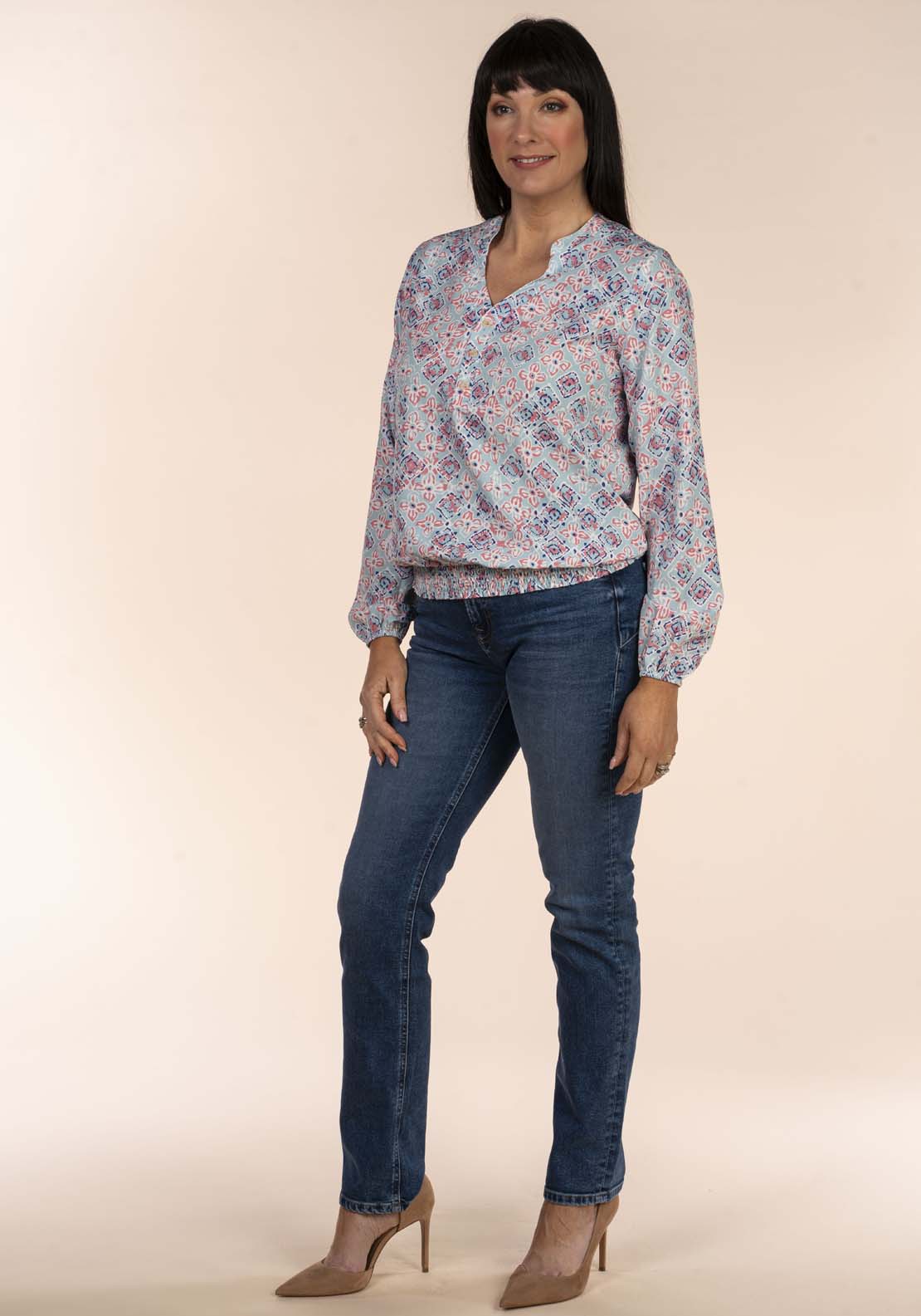 Tea Lane Frieda Bubble Blouse - Blue 6 Shaws Department Stores