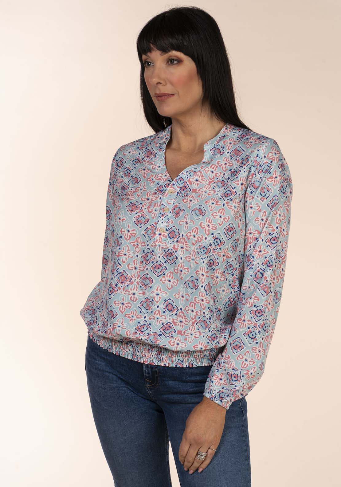 Tea Lane Frieda Bubble Blouse - Blue 1 Shaws Department Stores