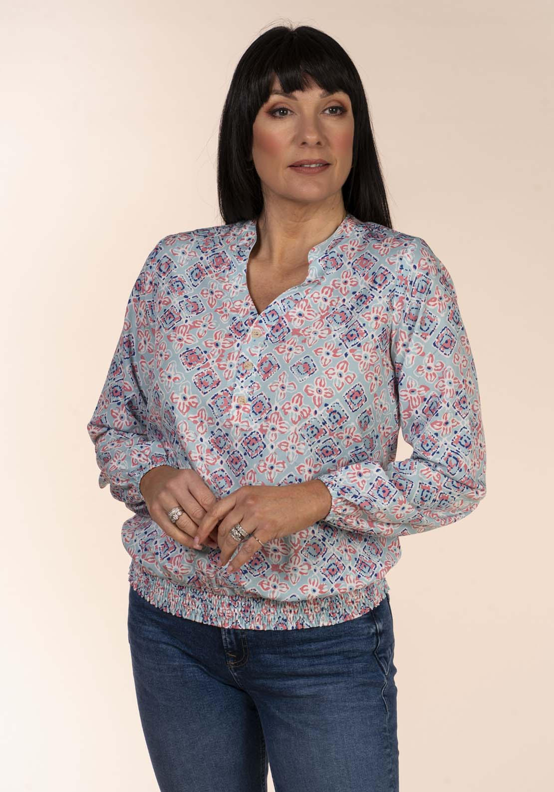 Tea Lane Frieda Bubble Blouse - Blue 3 Shaws Department Stores