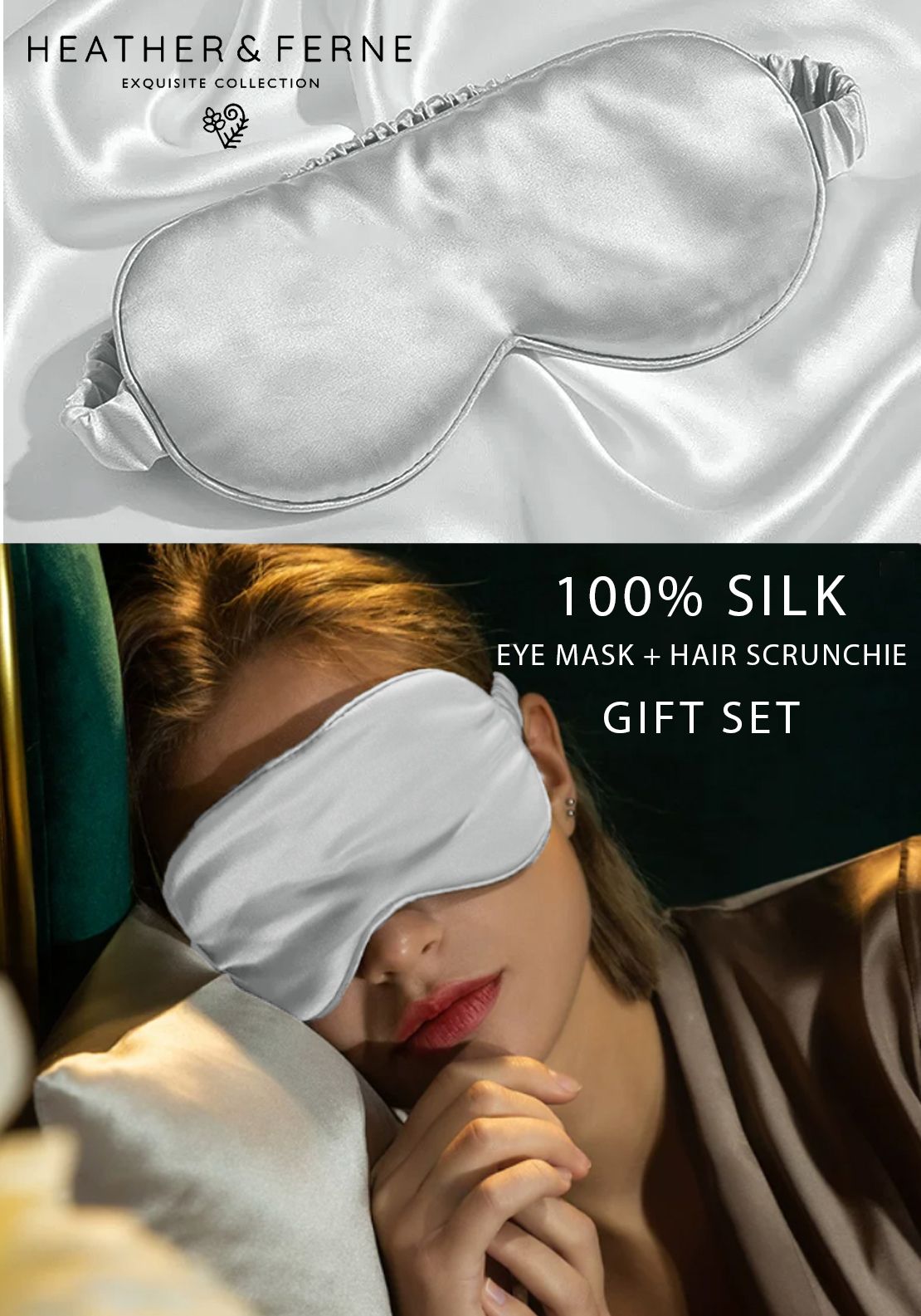 Heather & Ferne Silk Gift Set Mask & Scrunch - Grey 2 Shaws Department Stores