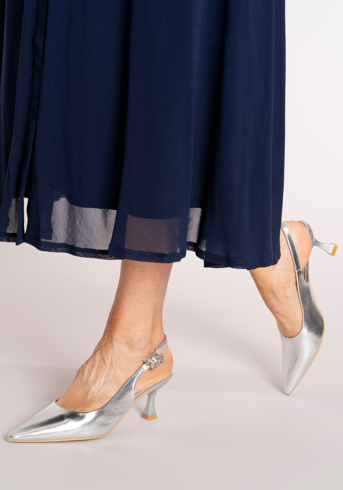 Sorento Mid Heel Slingback Bling Buckle Shoe - Silver 7 Shaws Department Stores