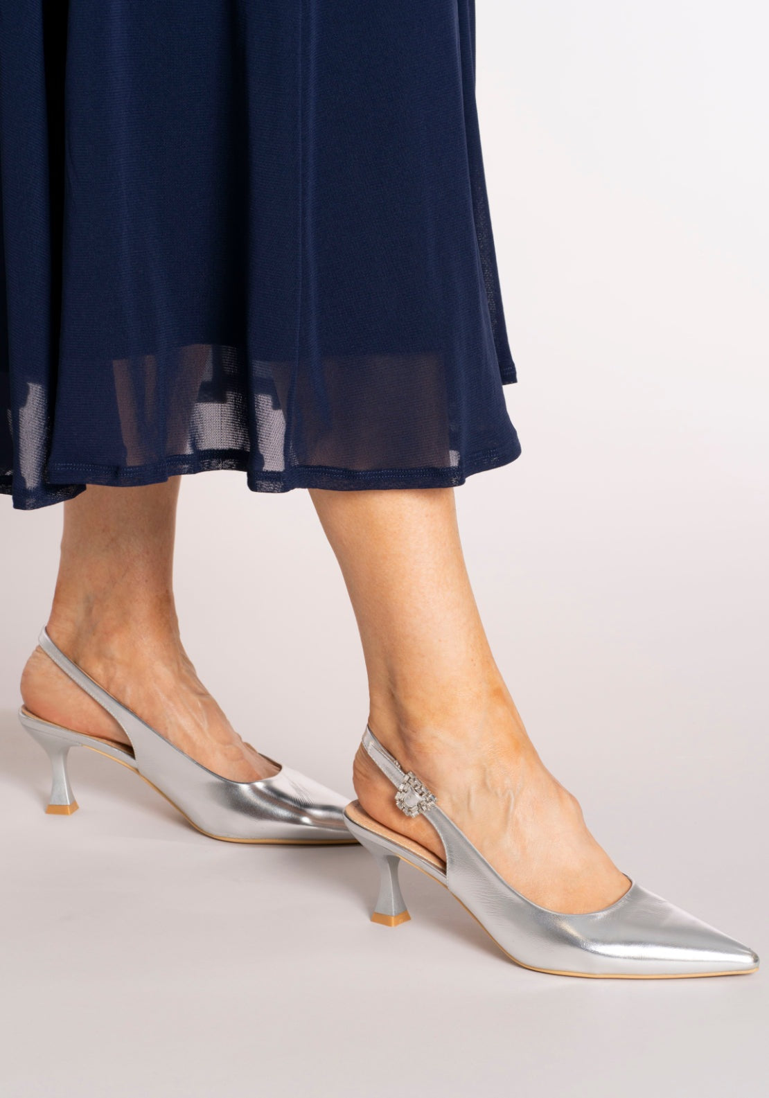 Sorento Mid Heel Slingback Bling Buckle Shoe - Silver 5 Shaws Department Stores