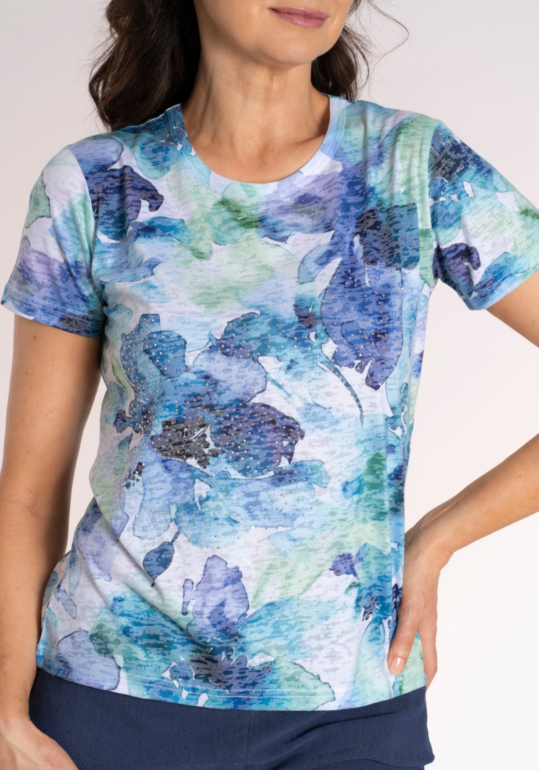 Tea Lane Watercolour Floral T-Shirt - Blue / Green 4 Shaws Department Stores