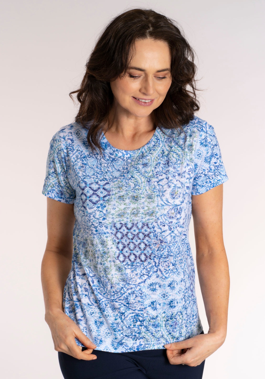 Tea Lane Multi Tile Print T‑Shirt - Blue 1 Shaws Department Stores