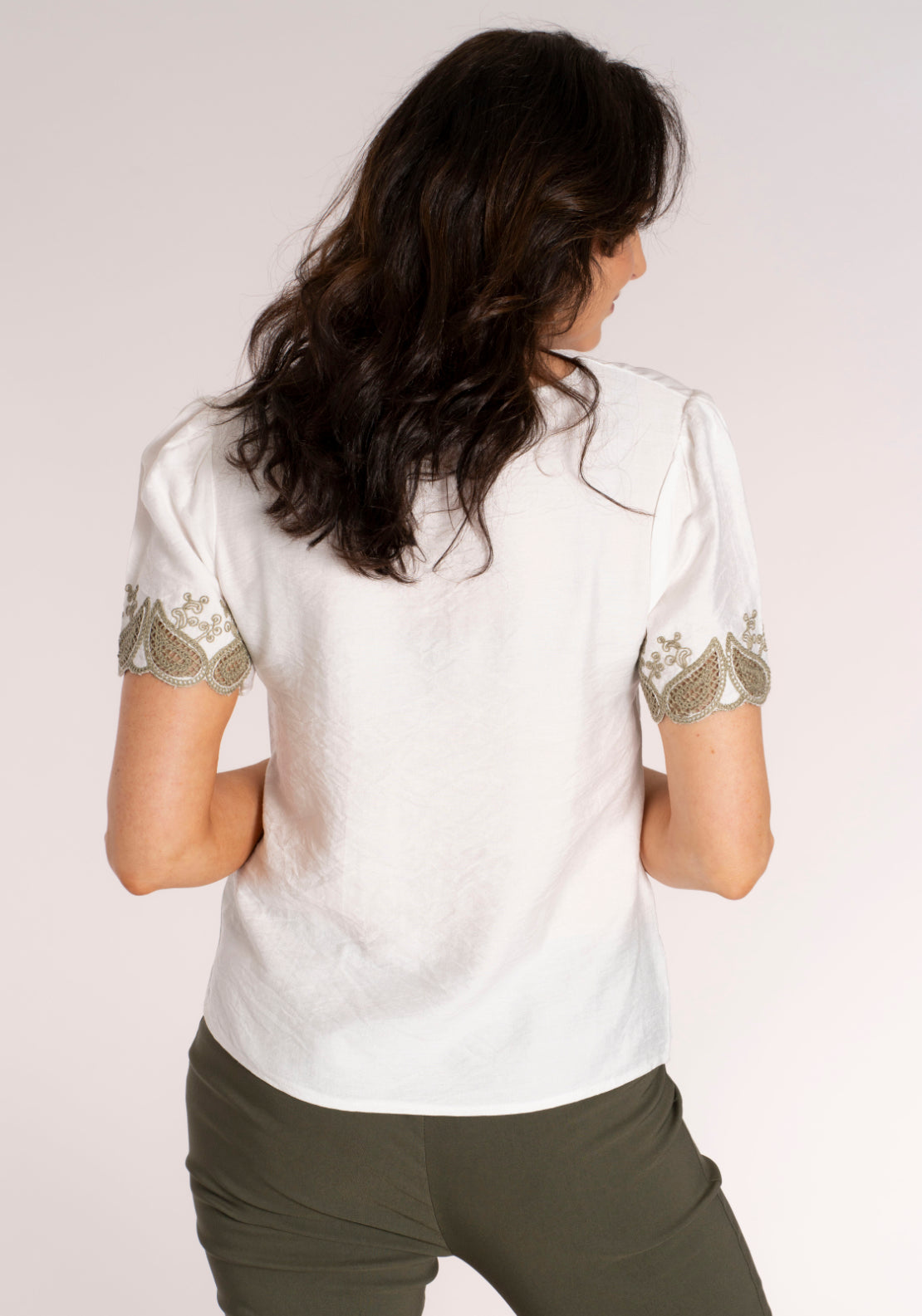 Tea Lane Embroidered Sleeve Top - Ivory Khaki 2 Shaws Department Stores
