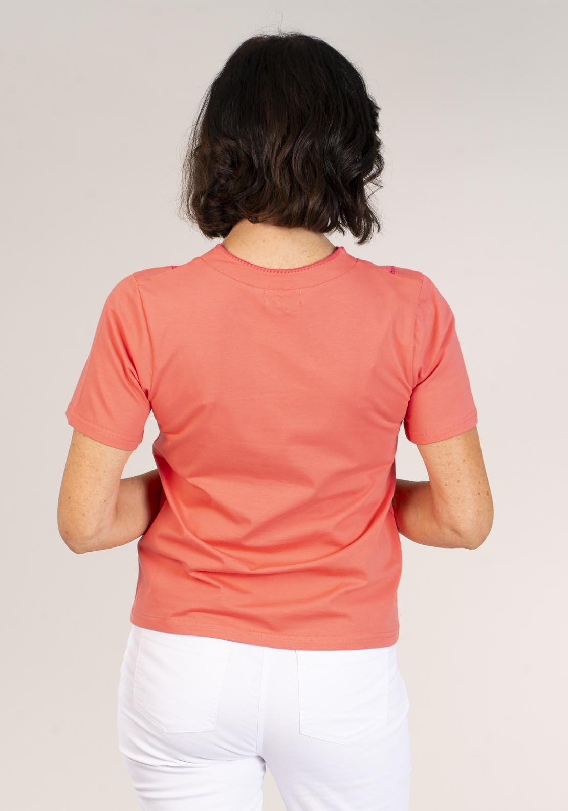 Tea Lane Short Sleeve v-neck T-Shirt - Coral 2 Shaws Department Stores