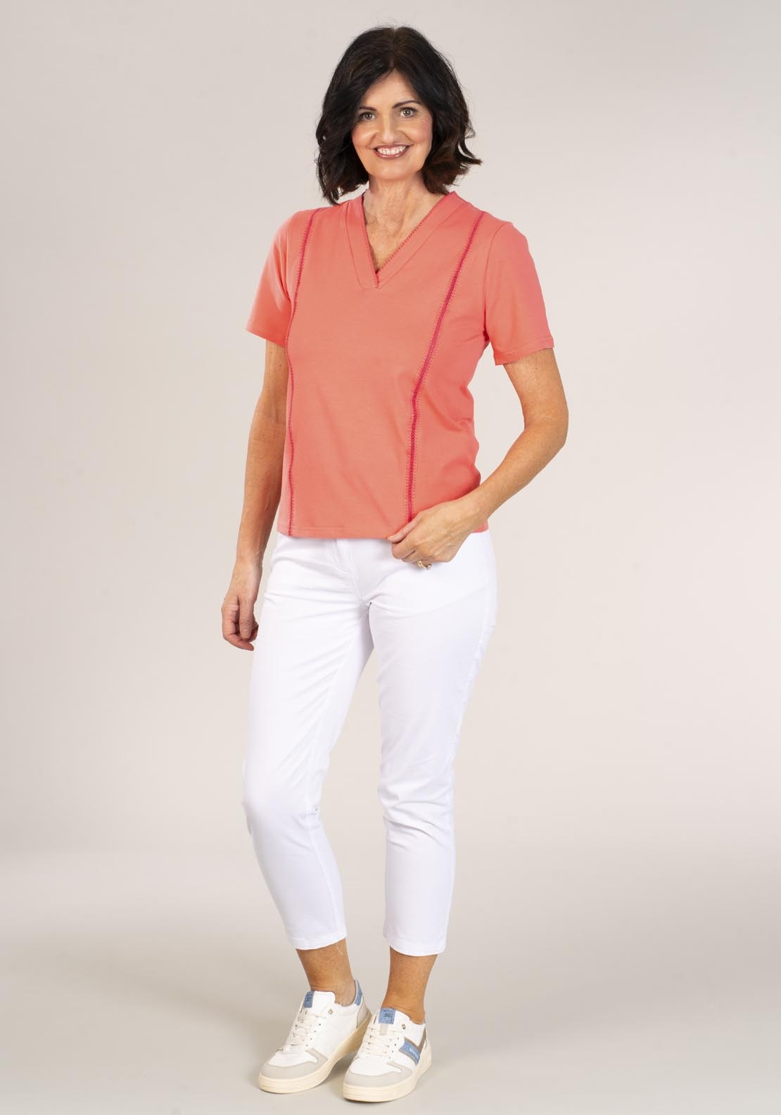 Tea Lane Short Sleeve v-neck T-Shirt - Coral 5 Shaws Department Stores