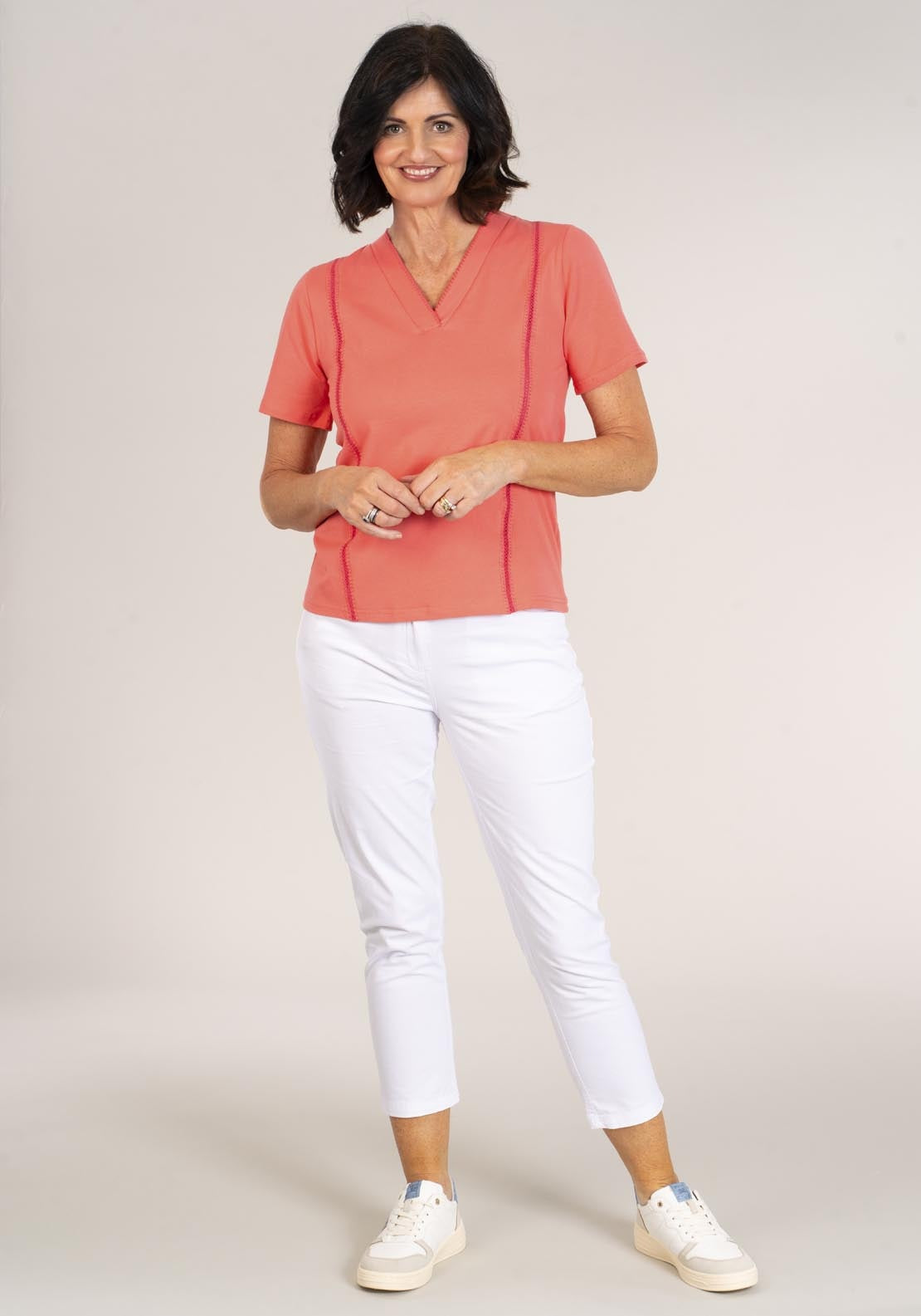 Tea Lane Short Sleeve v-neck T-Shirt - Coral 4 Shaws Department Stores