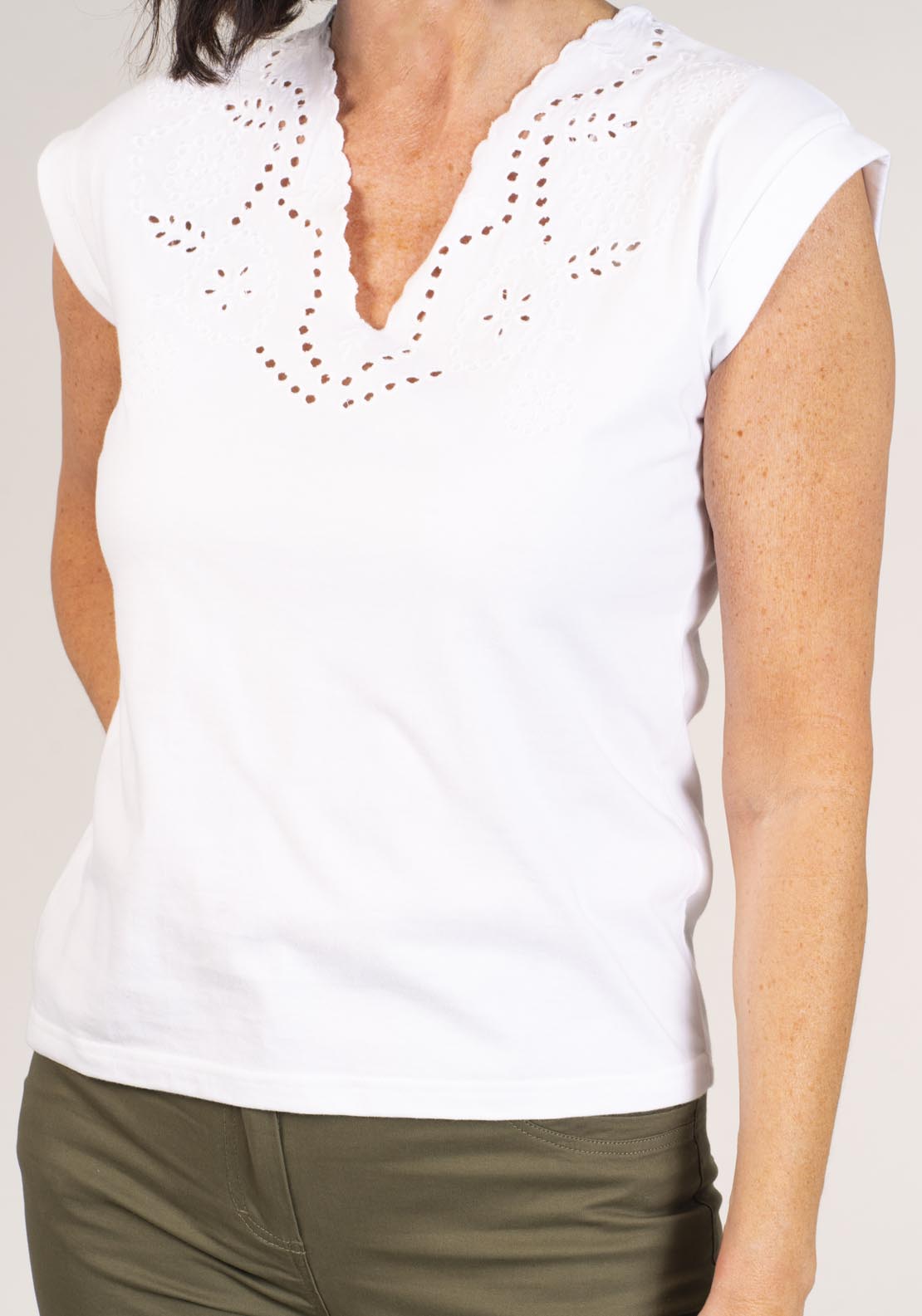 Tea Lane Short Sleeve V-neck Embroidery Top - White 1 Shaws Department Stores