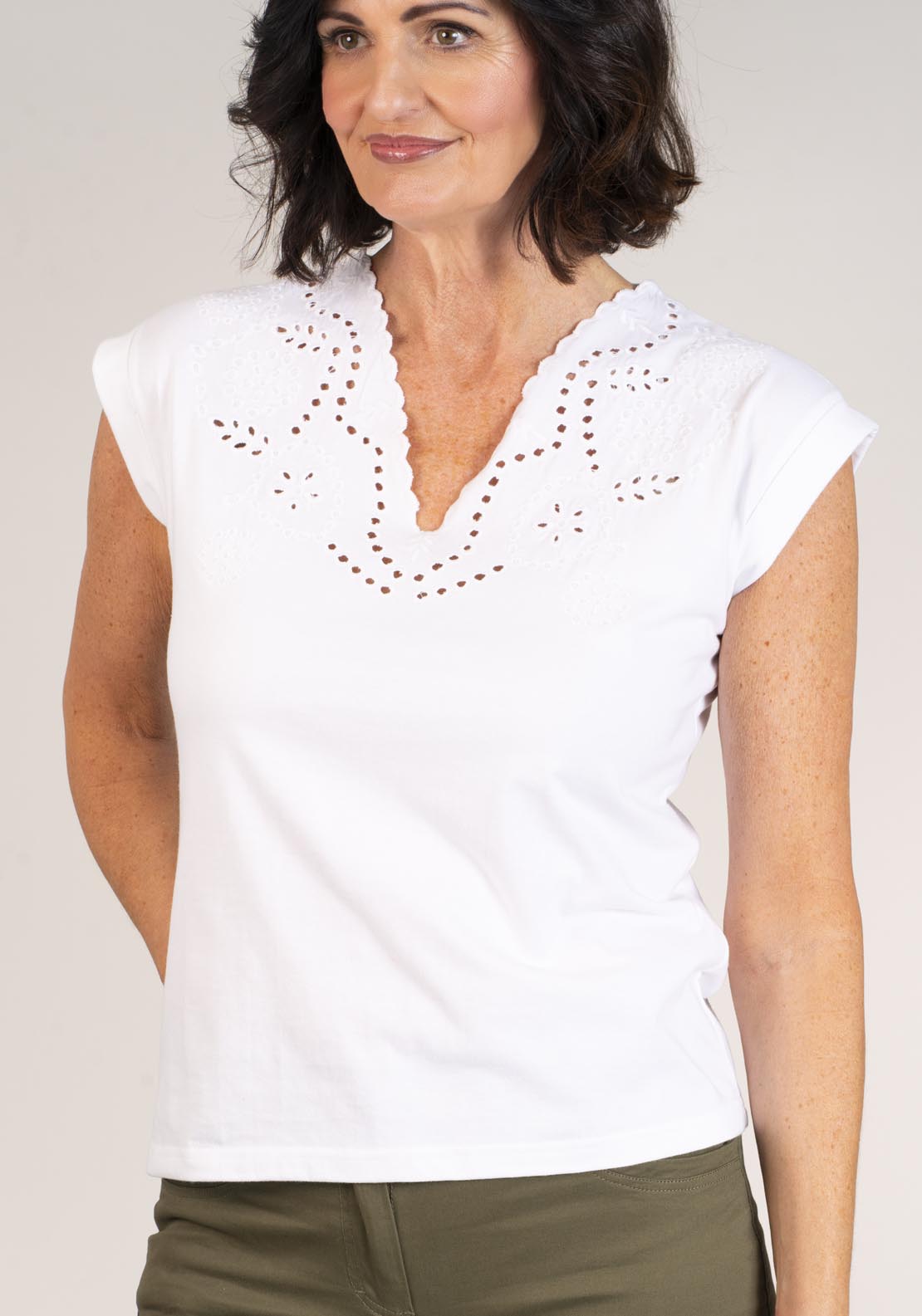 Tea Lane Short Sleeve V-neck Embroidery Top - White 4 Shaws Department Stores