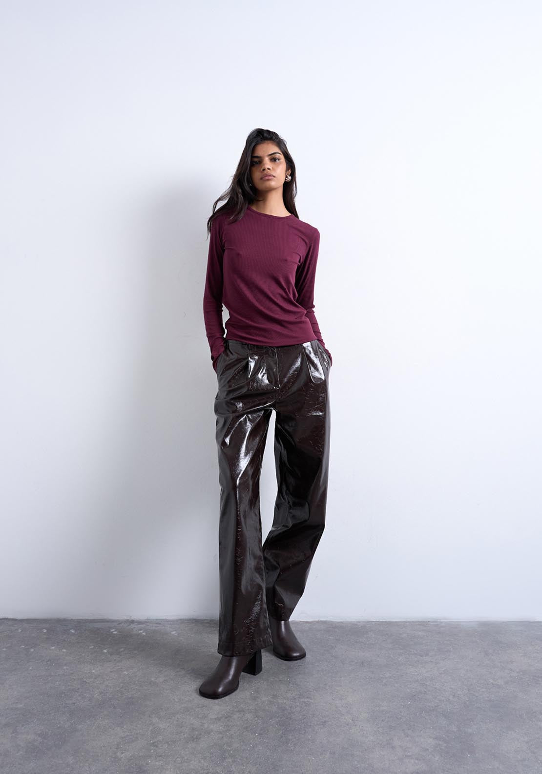 Topshop Premium Long Sleeve Top Jrs - Burgundy 4 Shaws Department Stores