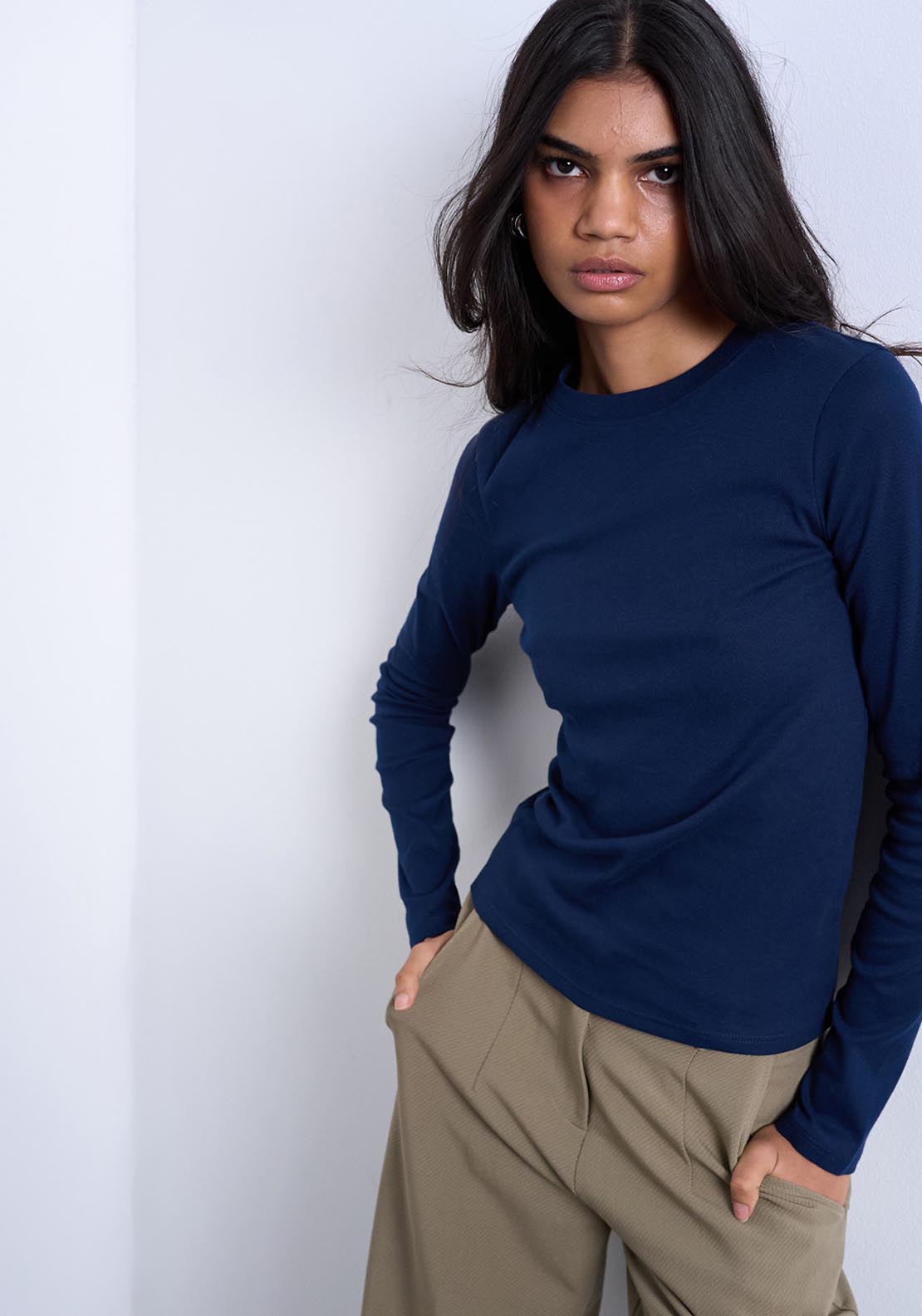 Topshop Everyday Long Sleeve Top - Navy Blazer 1 Shaws Department Stores