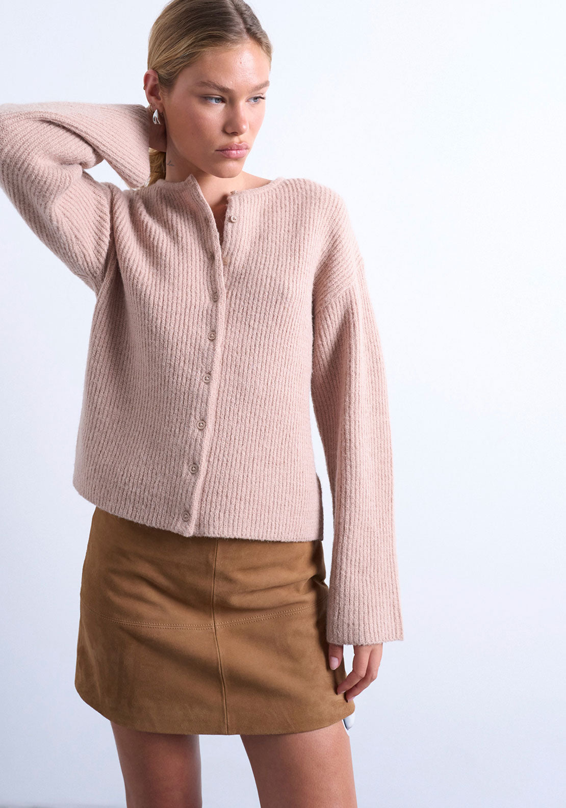 Topshop Nyla Rib Cardigan - Beige 1 Shaws Department Stores