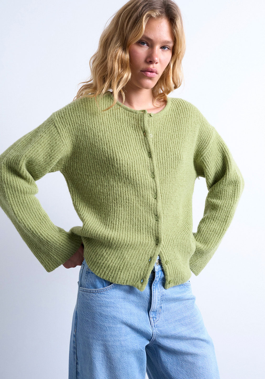 Topshop Nyla Rib Cardigan - Bright Green 1 Shaws Department Stores