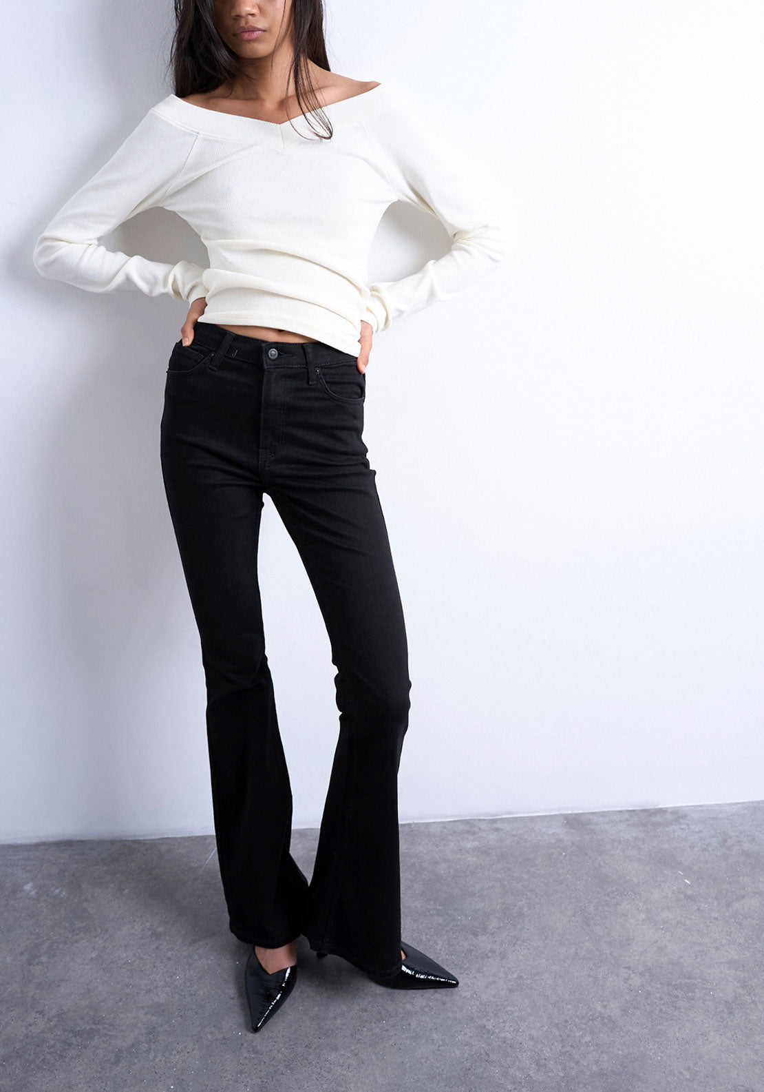 Topshop Jamie High Waist Flare Jeans - Black Denim 1 Shaws Department Stores