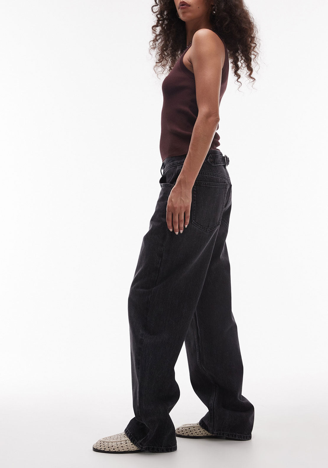 Topshop Cinch Low Rise Wide Jeans - Black Denim 3 Shaws Department Stores