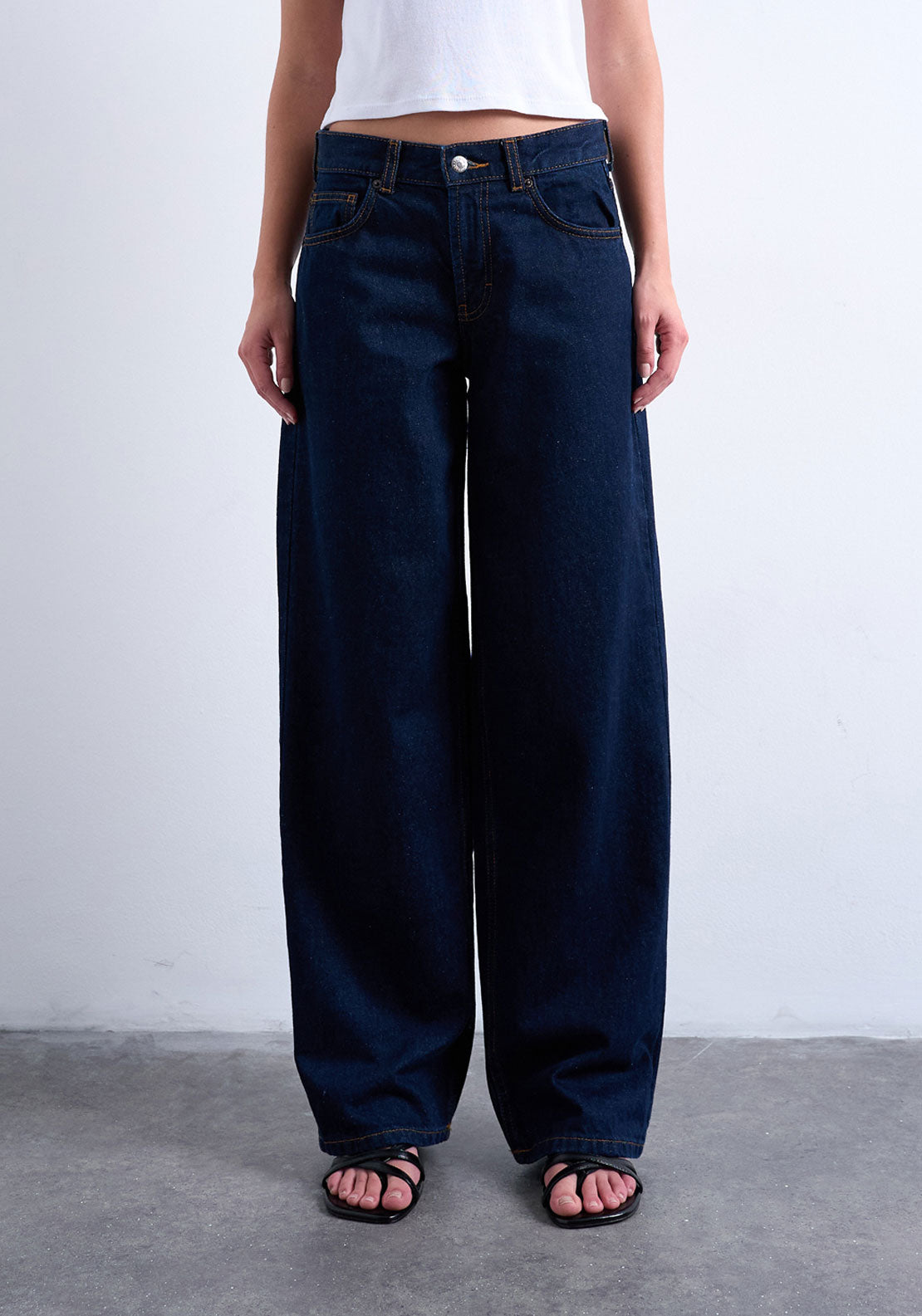 Topshop Cinch Low Waist Wide Jeans - Dark Blue Denim 1 Shaws Department Stores