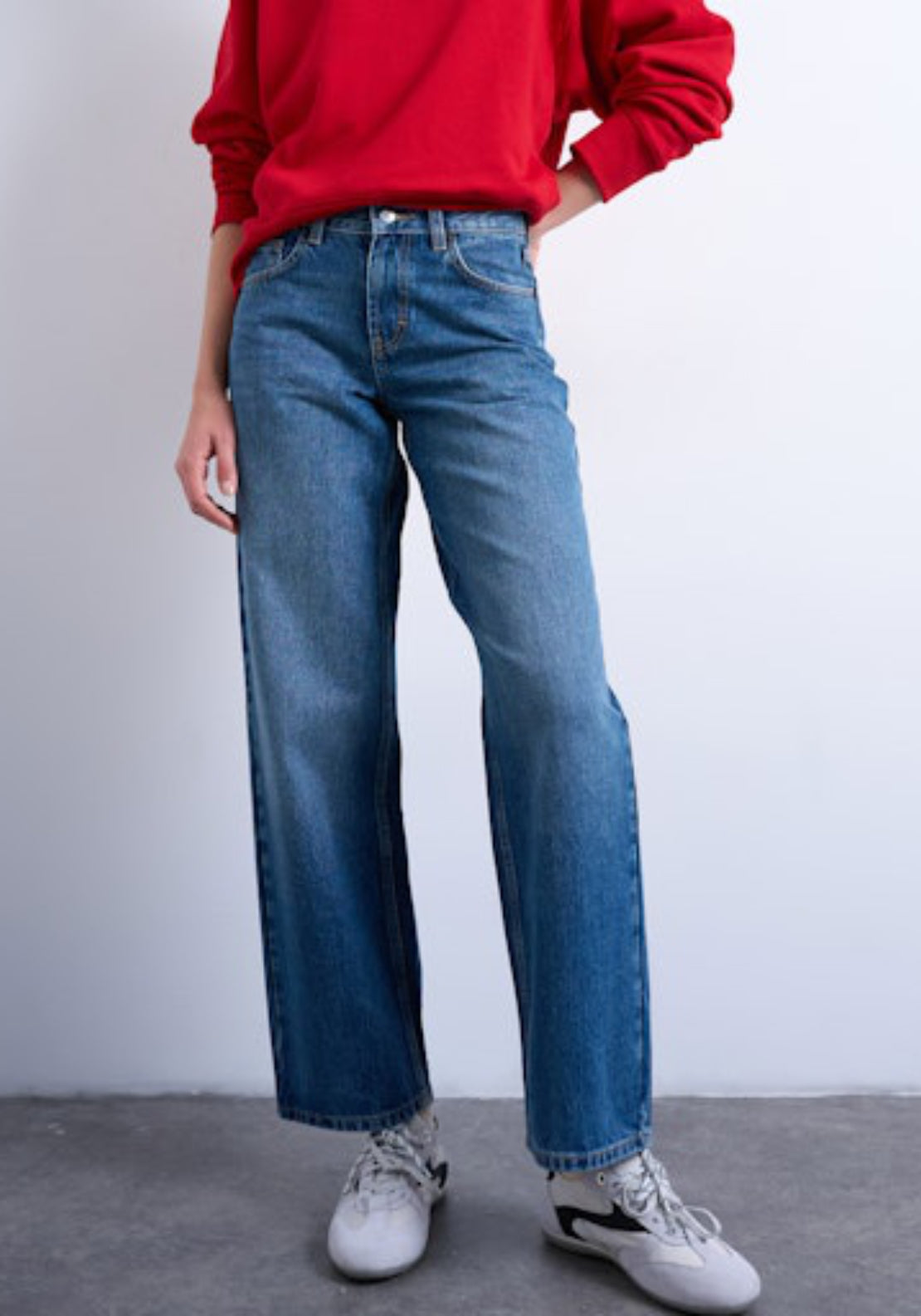 Topshop Cinch Low Rise Wide Jeans - Medium Blue Denim 1 Shaws Department Stores